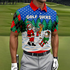 Christmas Golf Sucks Santa Golf Shirt, Mens Golf Shirts, Mens Holiday Golf Shirts