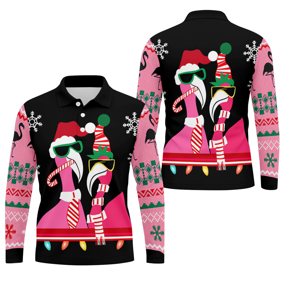 Pink flamingo Christmas pattern - Men - Long Sleeve Polo Shirt