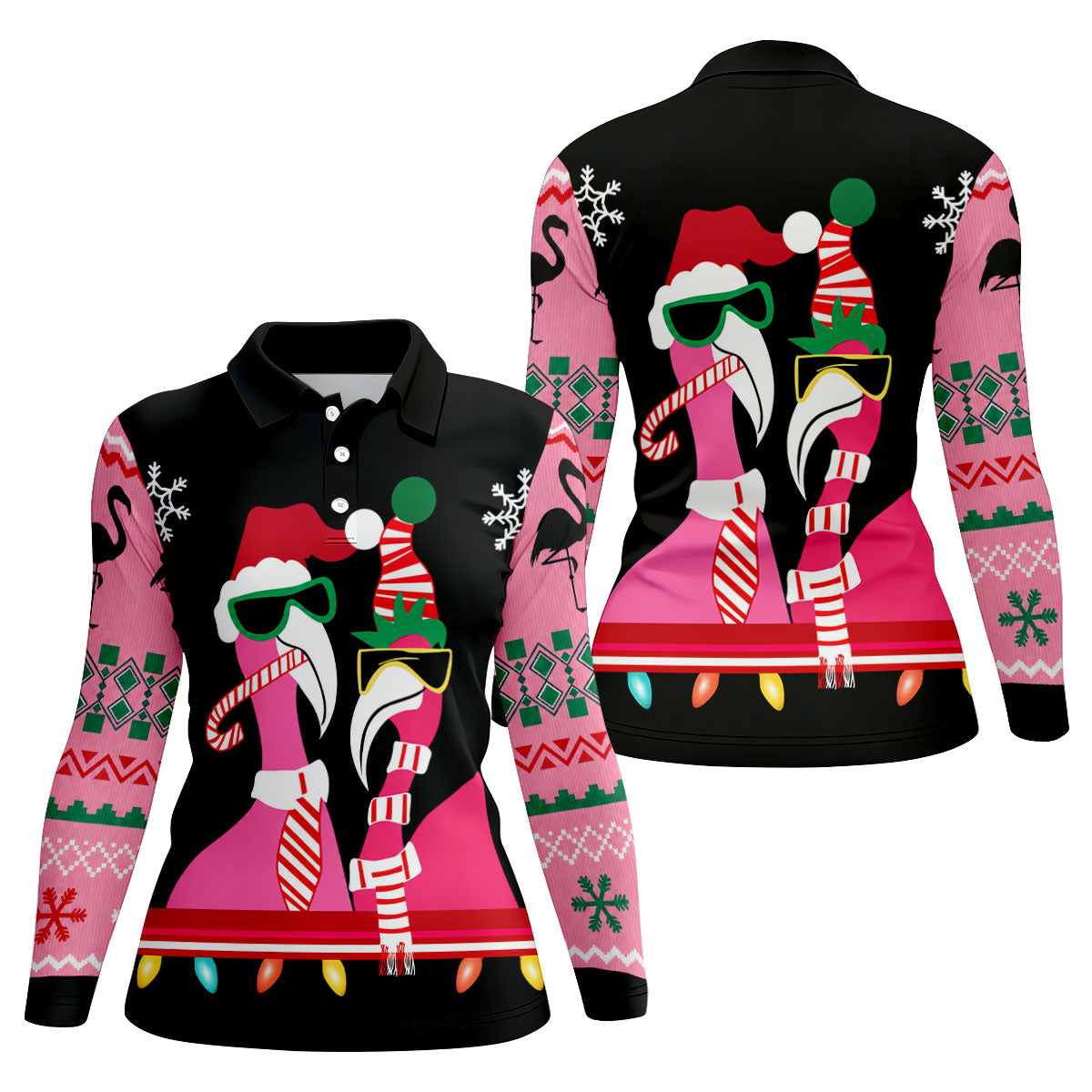 Pink flamingo Christmas pattern - Women - Long Sleeve Polo Shirt