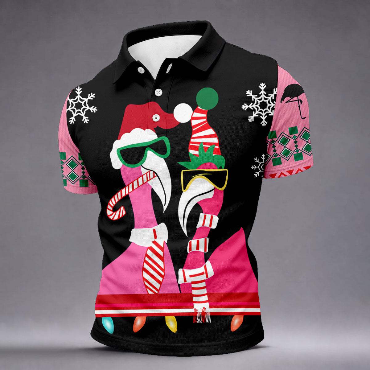 Pink flamingo Christmas pattern - Men - golf shirt detail 6