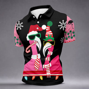 Pink flamingo Christmas pattern - Men - golf shirt detail 6