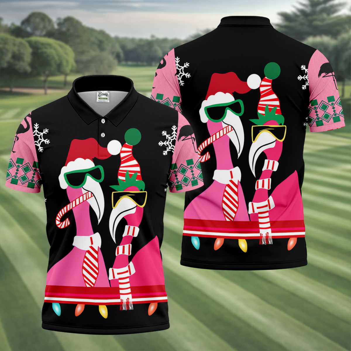 Pink flamingo Christmas pattern - Men - golf shirt detail 5