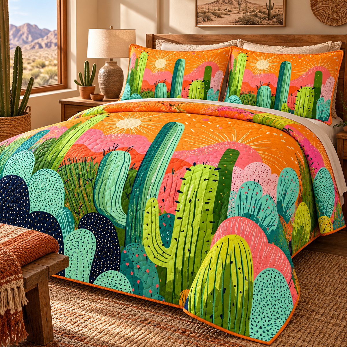 Colorful Cactus Garden Quilted Bedding Set, Southwestern Bedroom Decor, Desert Lover Gift