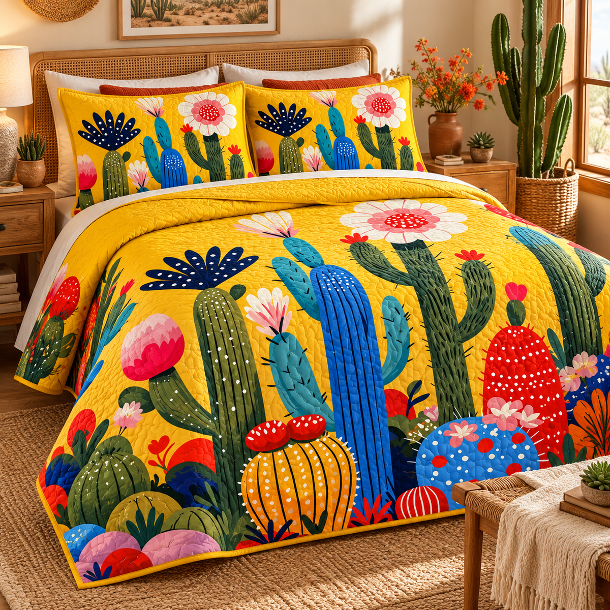 Yellow Blooming Cactus Quilted Bedding Set, Boho Southwestern Decor, Gift For Plant Lovers