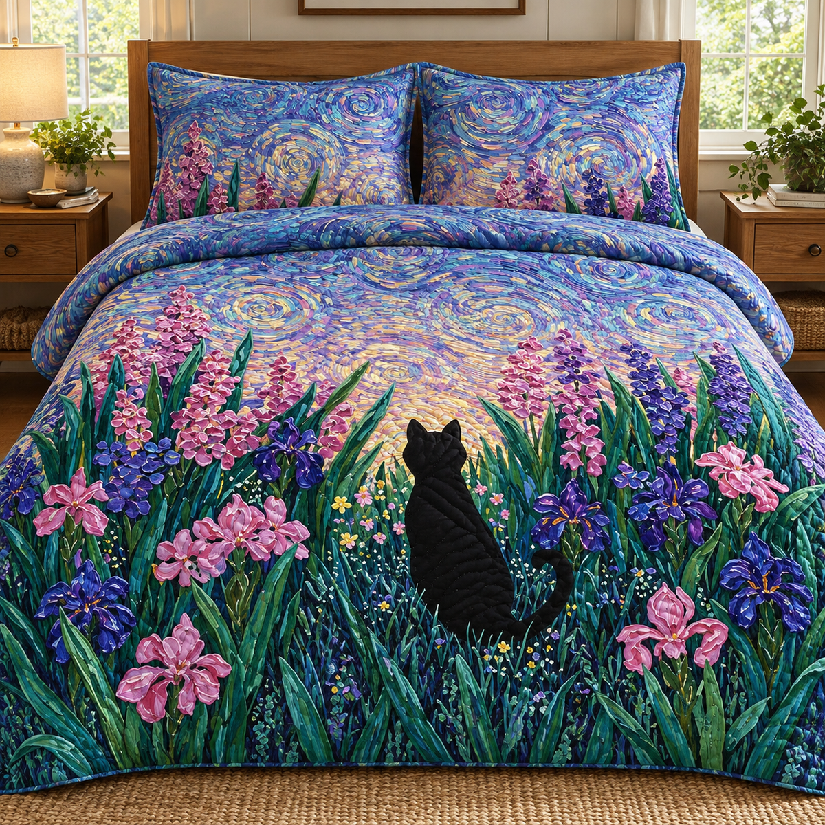 Black Cat In Iris Flower Field Quilted Bedding Set, Starry Night Decor, Cat Lover Gift