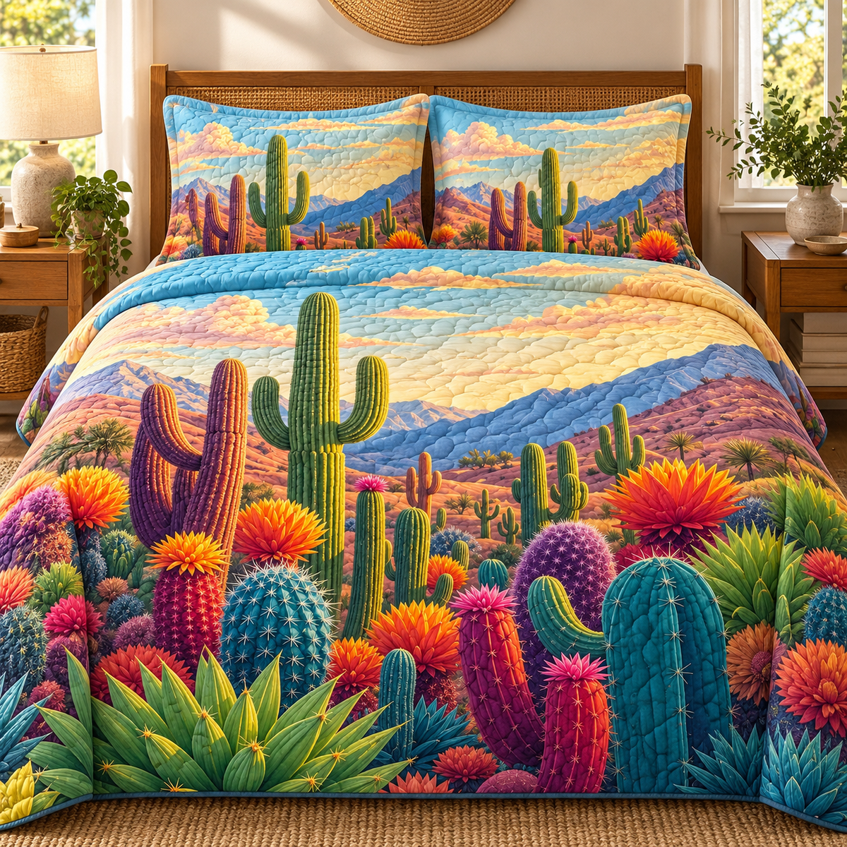 Colorful Desert Cactus Landscape Quilted Bedding Set, Southwestern Decor, Gift For Mom