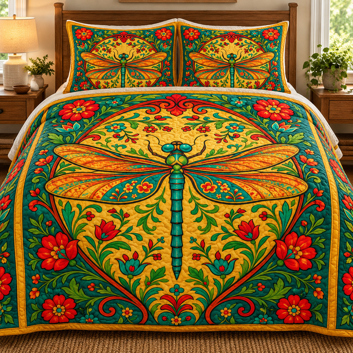 Folk Art Dragonfly Floral Quilted Bedding Set, Boho Bedroom Decor, Dragonfly Lover Gift