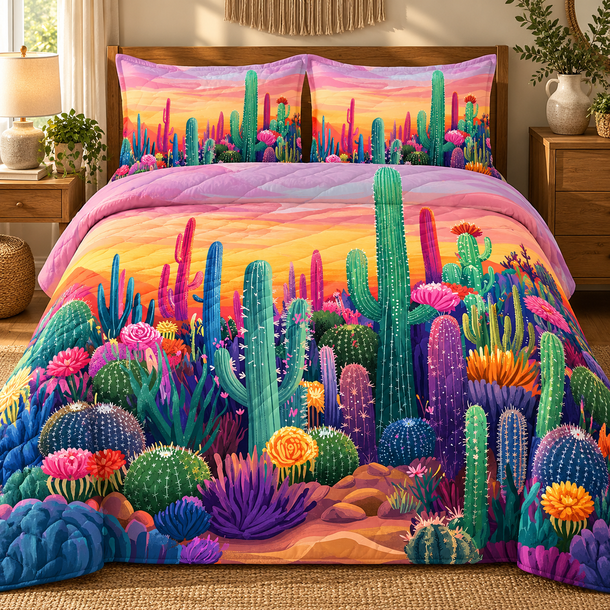 Pastel Sunset Cactus Garden Quilted Bedding Set, Southwestern Decor, Desert Lover Gift