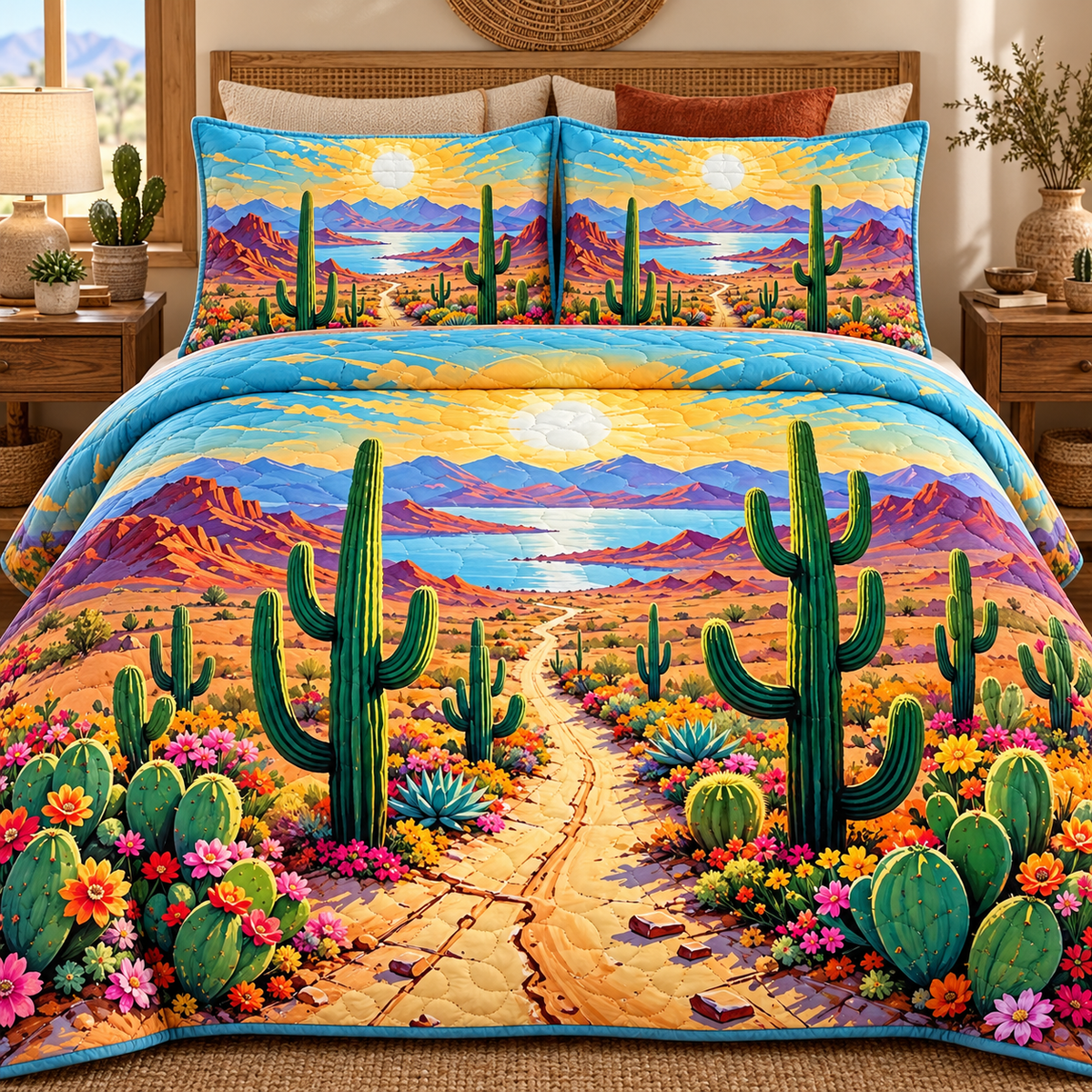 Saguaro Desert Trail Quilted Bedding Set, Arizona Southwestern Decor, Cactus Lover Gift