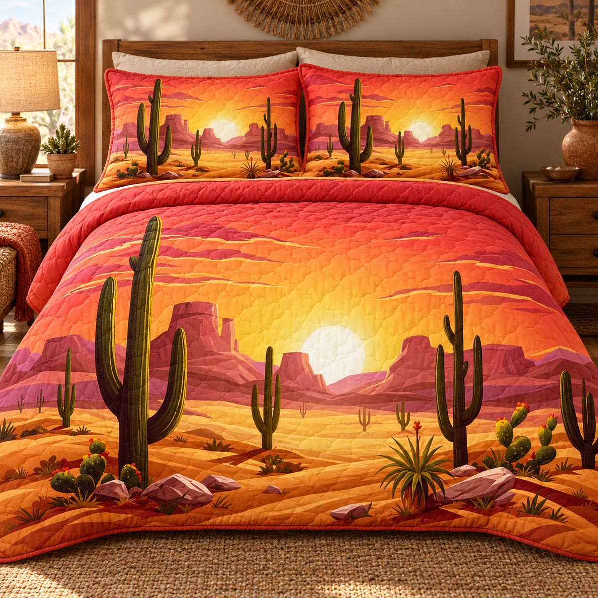 Desert Sunset Saguaro Cactus Quilted Bedding Set, Western Bedroom Decor, Gift For Dad
