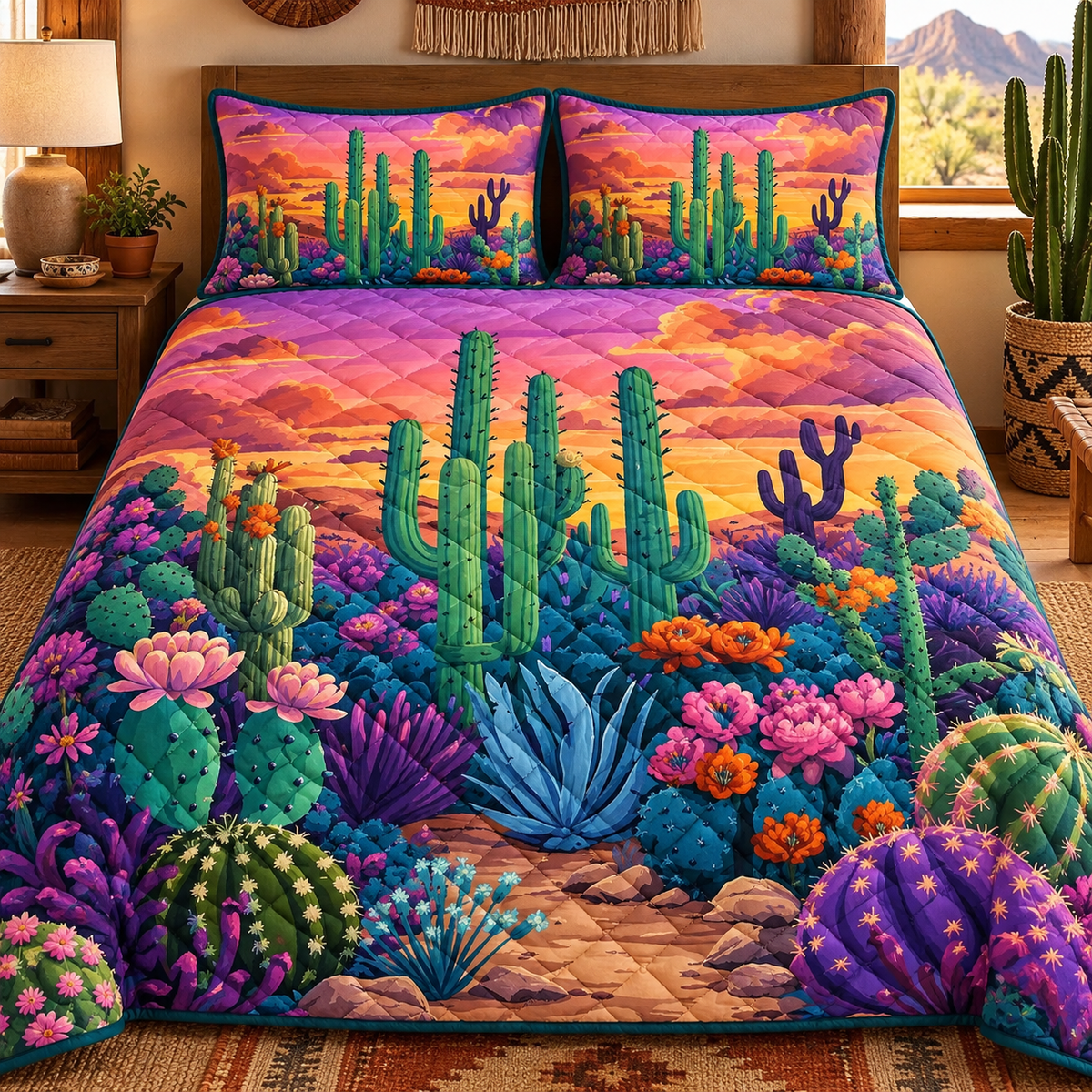 Sunset Cactus Succulent Garden Quilted Bedding Set, Southwestern Decor, Gift For Grandma