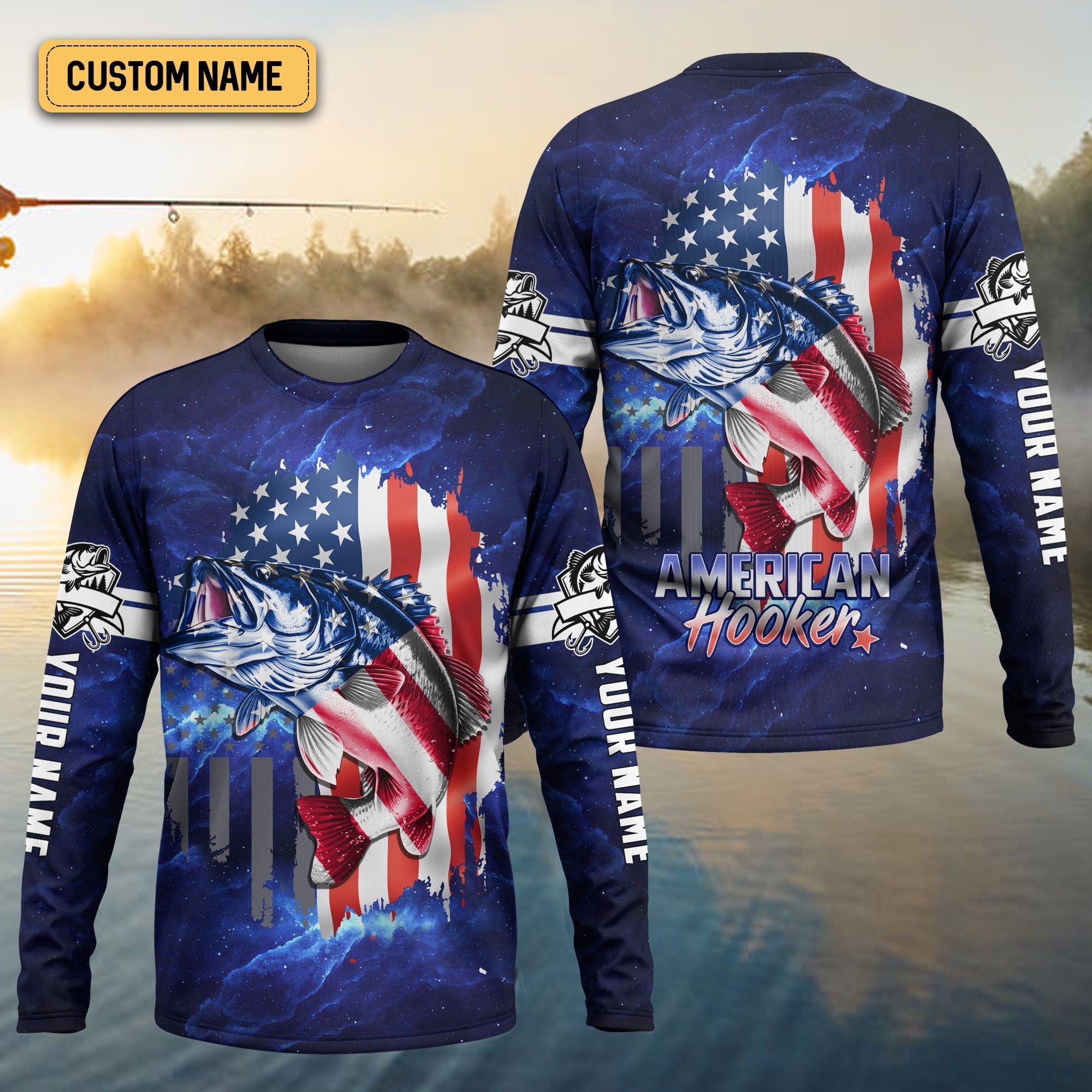 American Hooker Fishing UPF Shirts, American Flag Fish Shirt, UV Shirts For Men, Long Sleeve Fishing Shirts