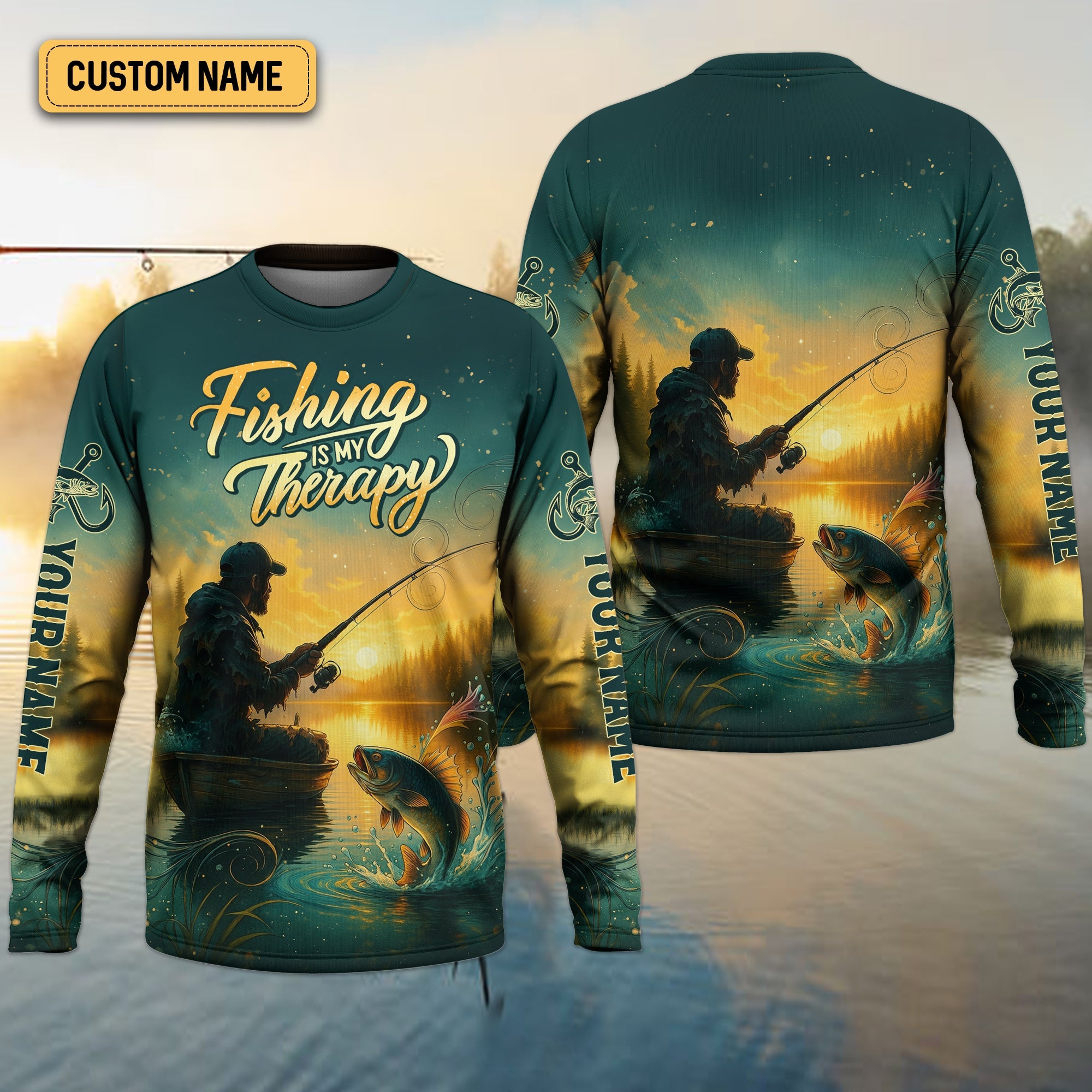 Fishing Therapy, Long Sleeve Sun Shirt, SPF Shirts For Men, Gag Gifts For Men, Mens Casual Shirts