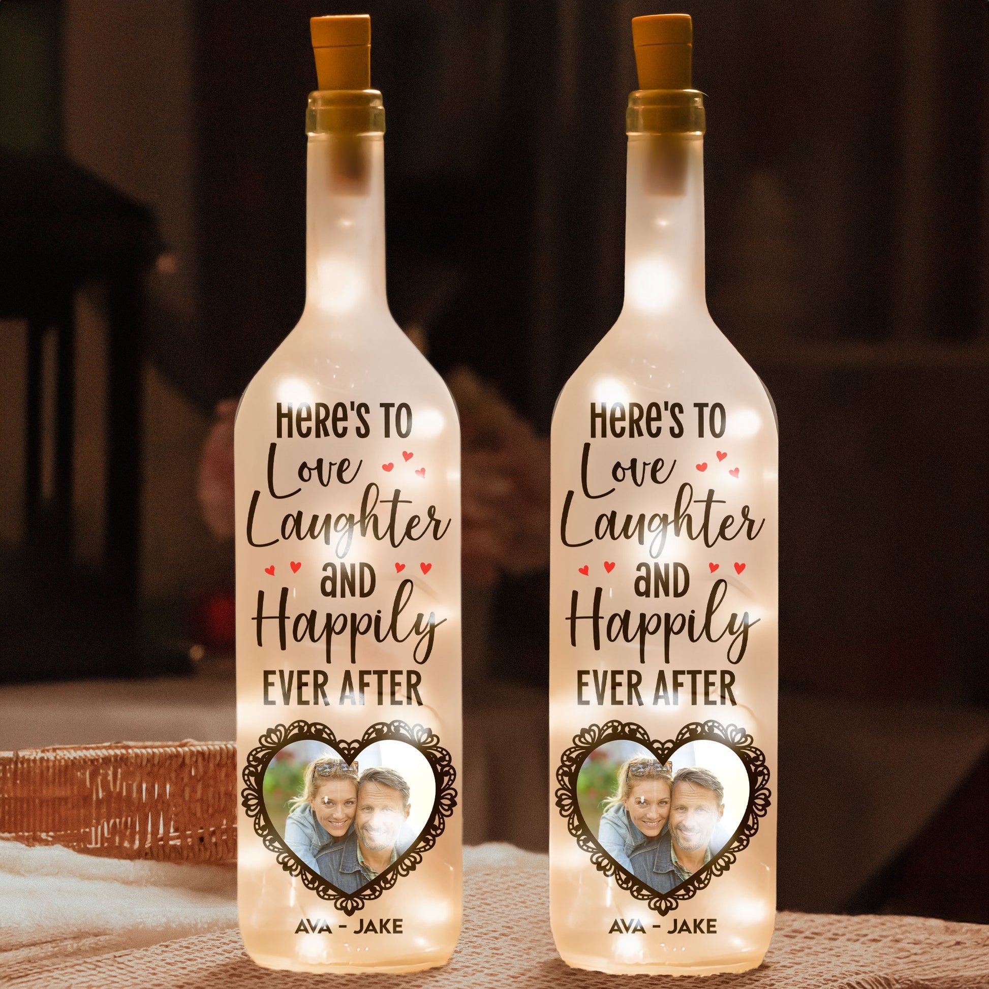 Here's To Happily Ever After Personalized Bottle Lamp, Wine Bottle Lights, Gift For Couple