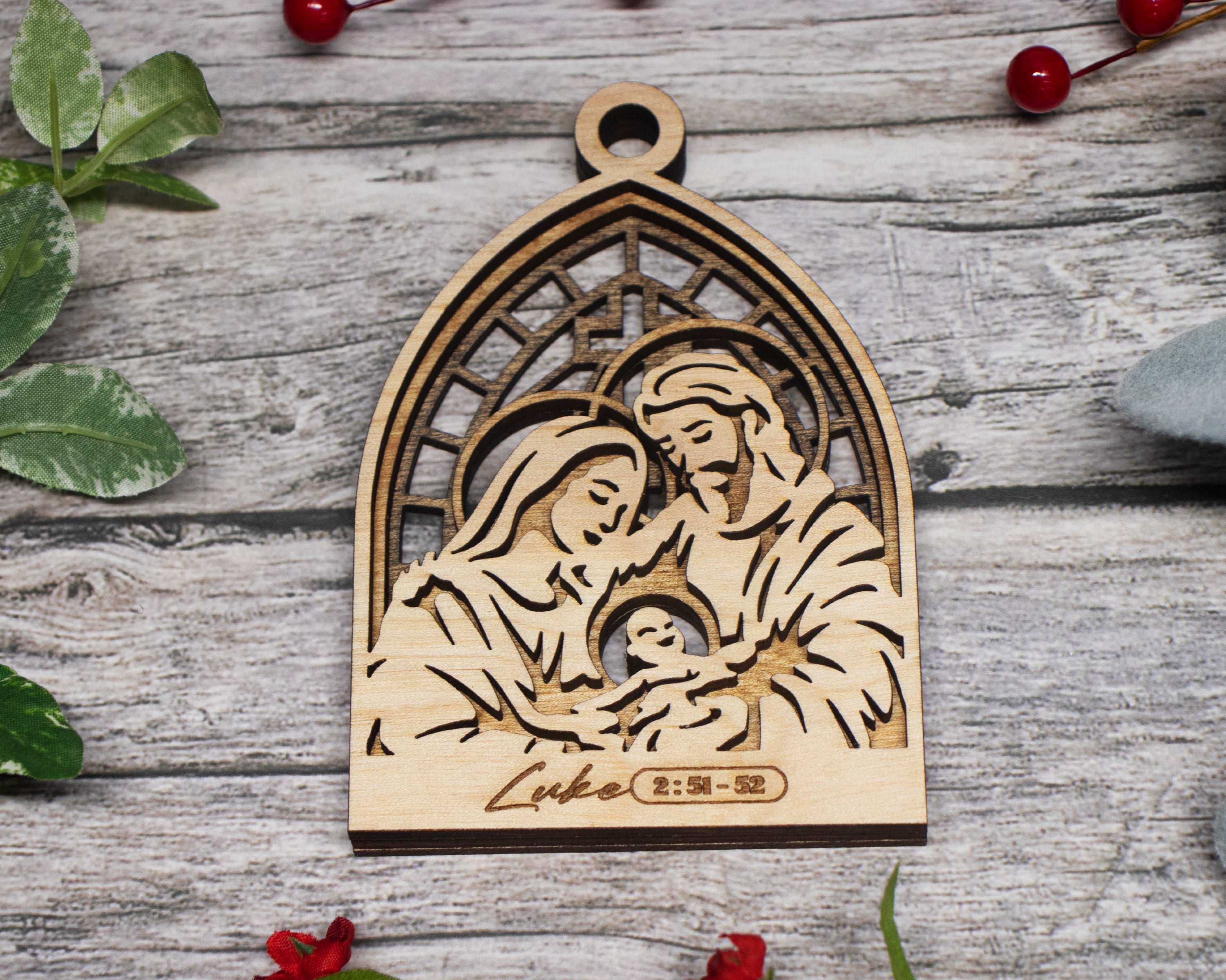 Holy Family Ornament, Nativity Scene Christmas Ornaments, Christian Gift, 3-Layer Wooden Ornament