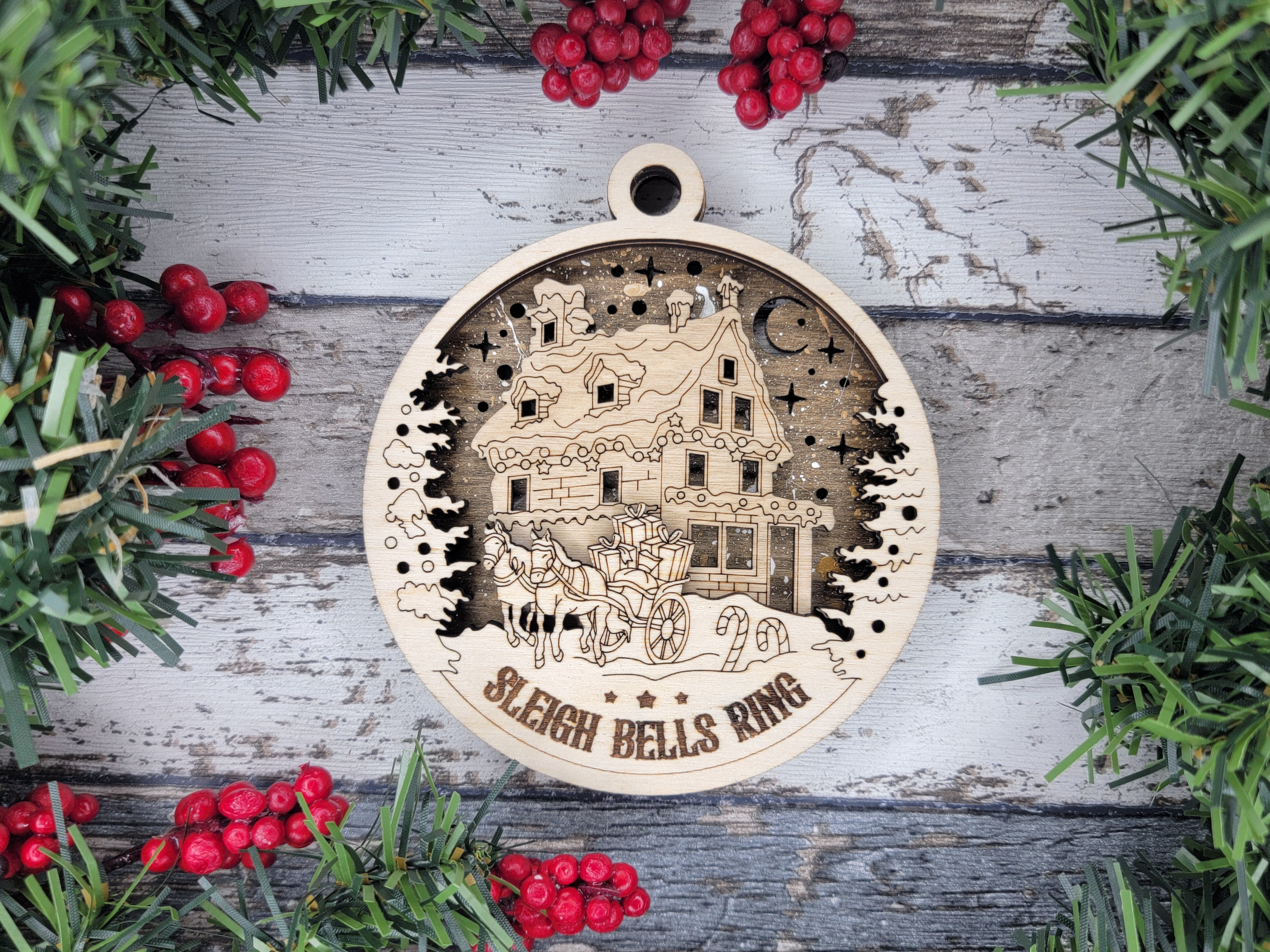 Sleigh Bells Ring Ornament, Horse Drawn Sleigh Christmas Ornament, 3D Christmas Wood Ornaments