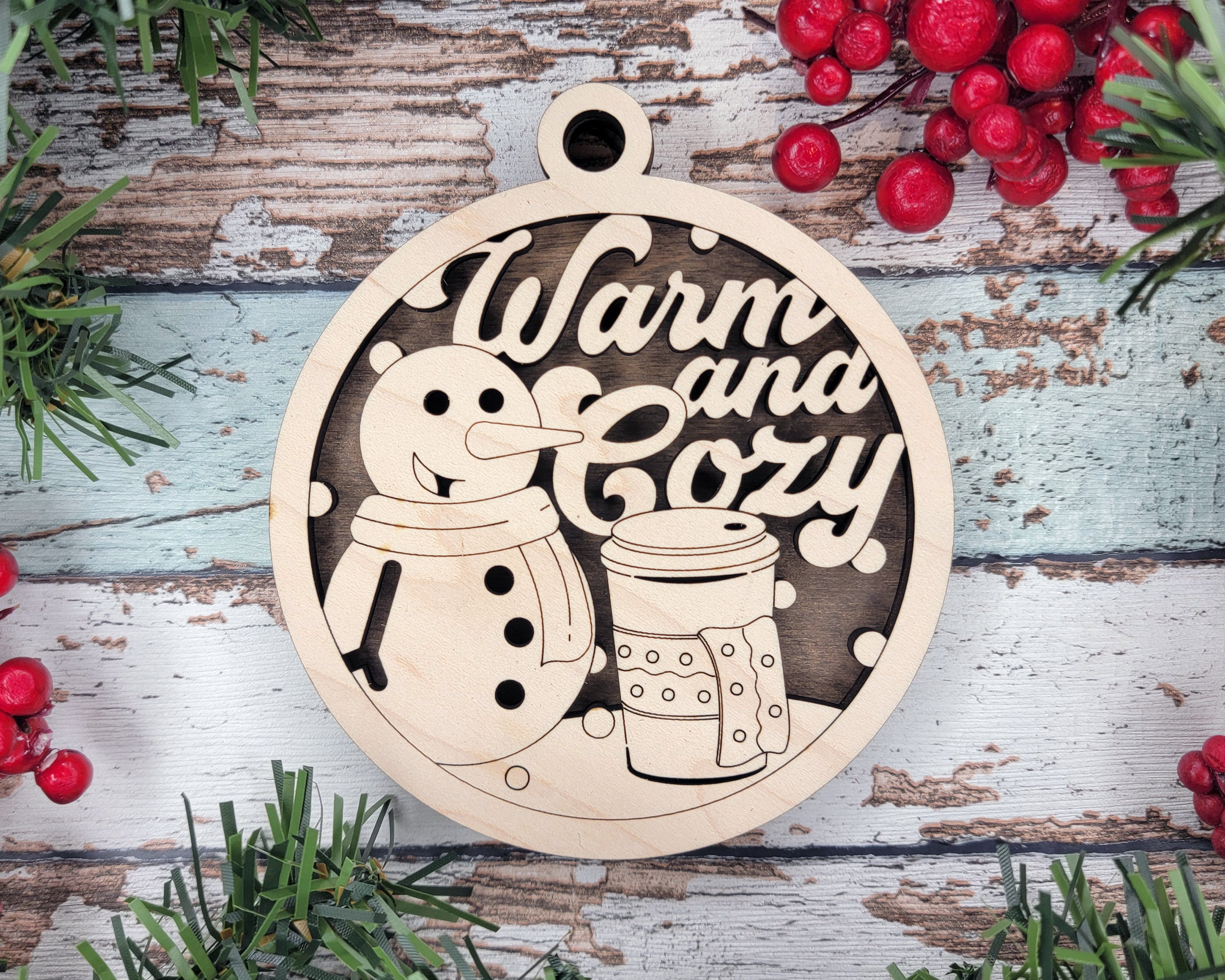 Warm And Cozy, Snowman Christmas Ornament, Tea Lover Gift, Christmas Gift, 2-Layer Wooden Ornament