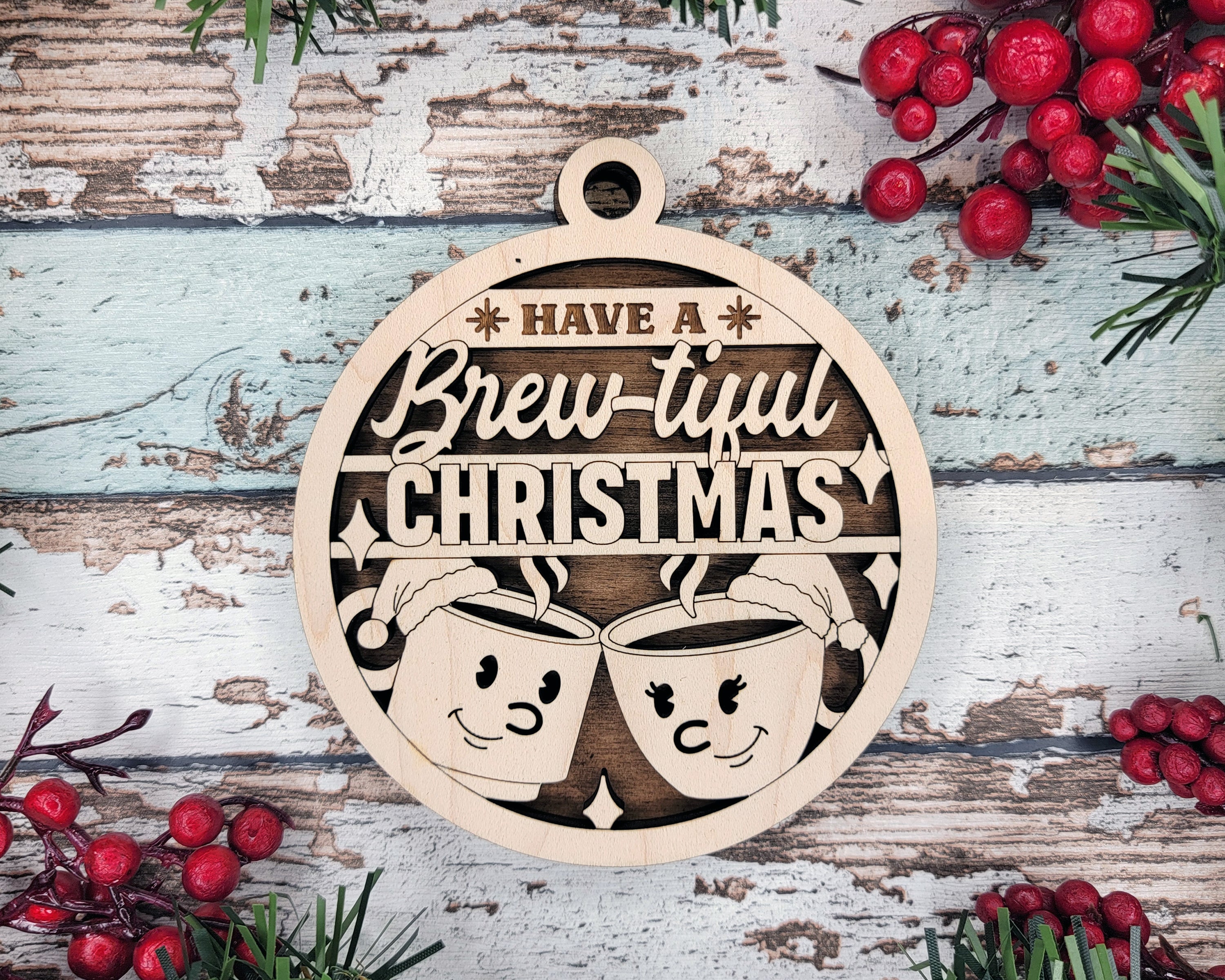 Hav A Brew-tiful Christmas, Coffee Ornament, Couple Gift, Coffee Lover Gift, 2-Layer Wooden Ornament