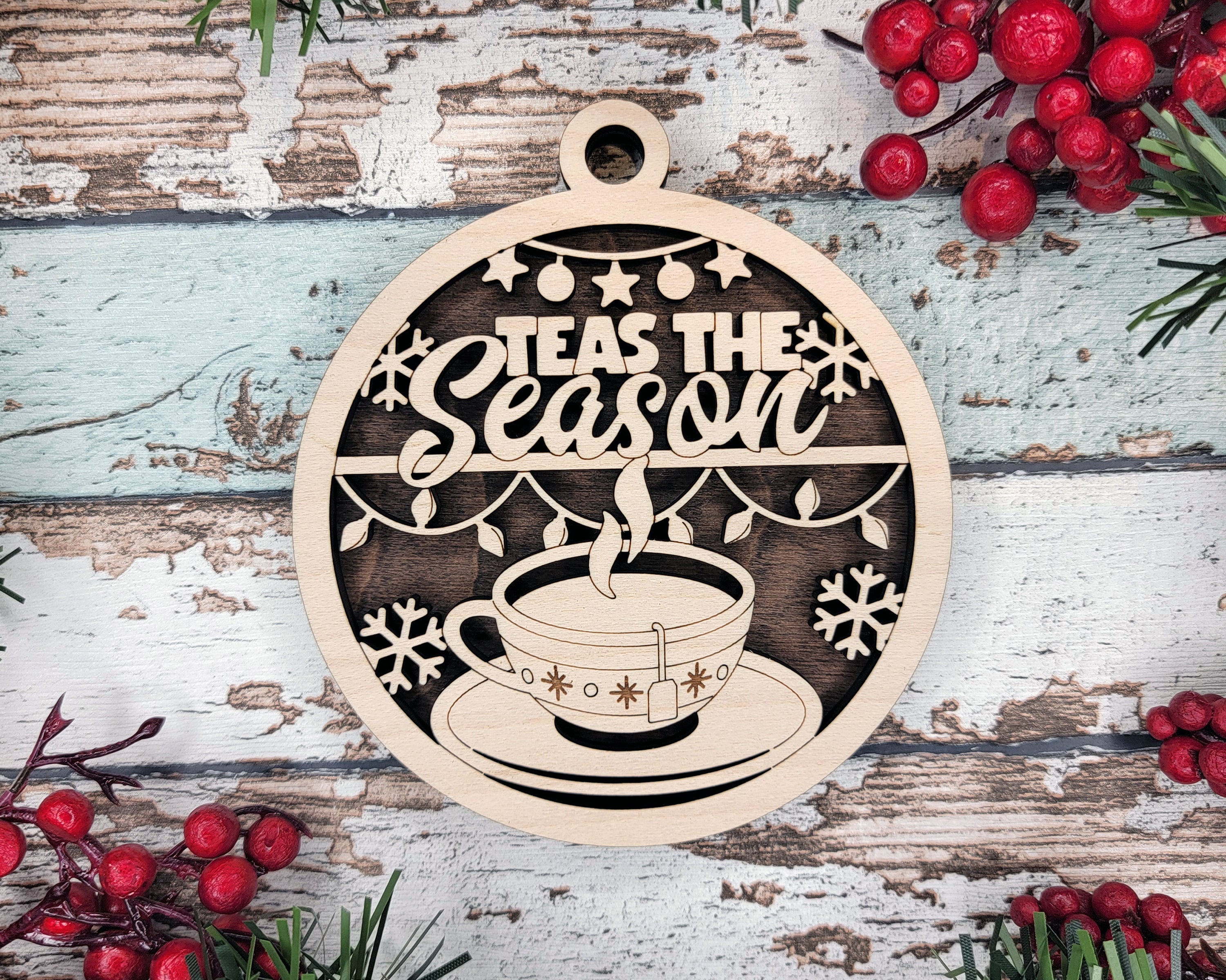 Teas The Season, Tea Cup Ornaments, Tea Lover Gift, Christmas Gift, 2-Layer Wooden Ornament