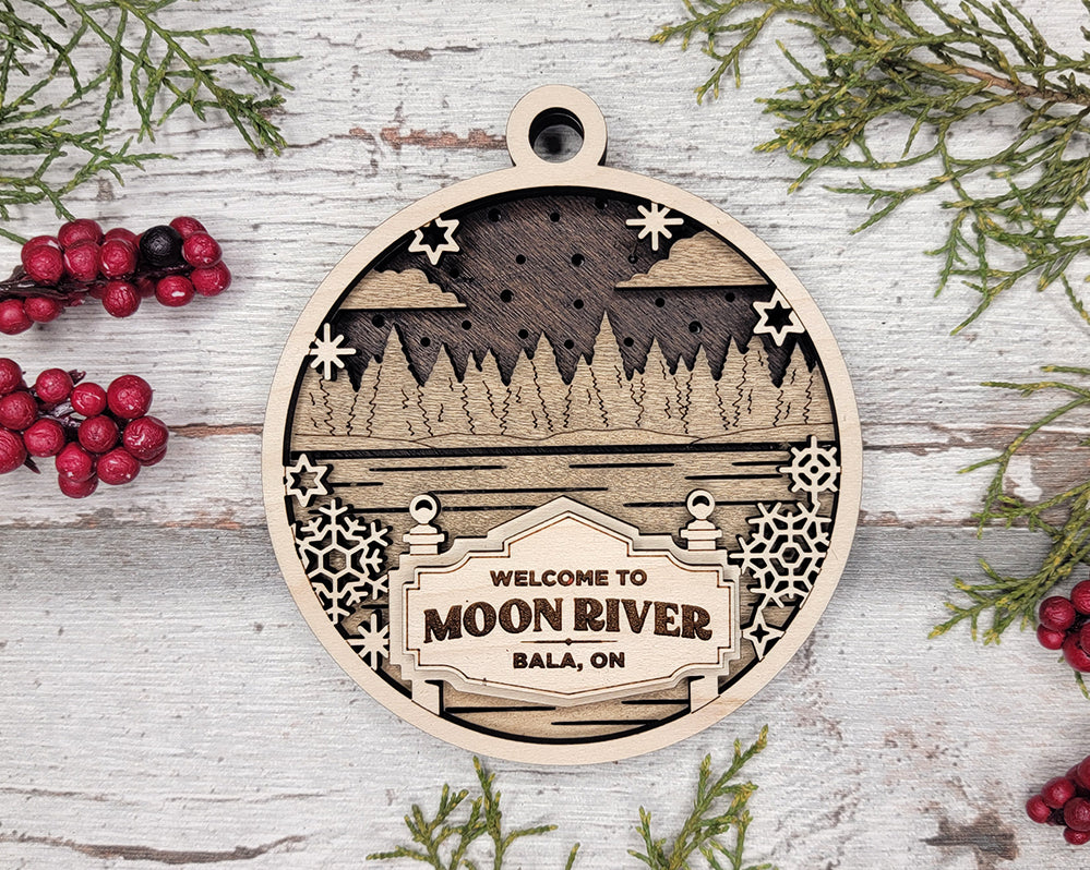 Welcome To Moon River Personalized 3D Wood Christmas Ornaments, Welcome Sign Ornament