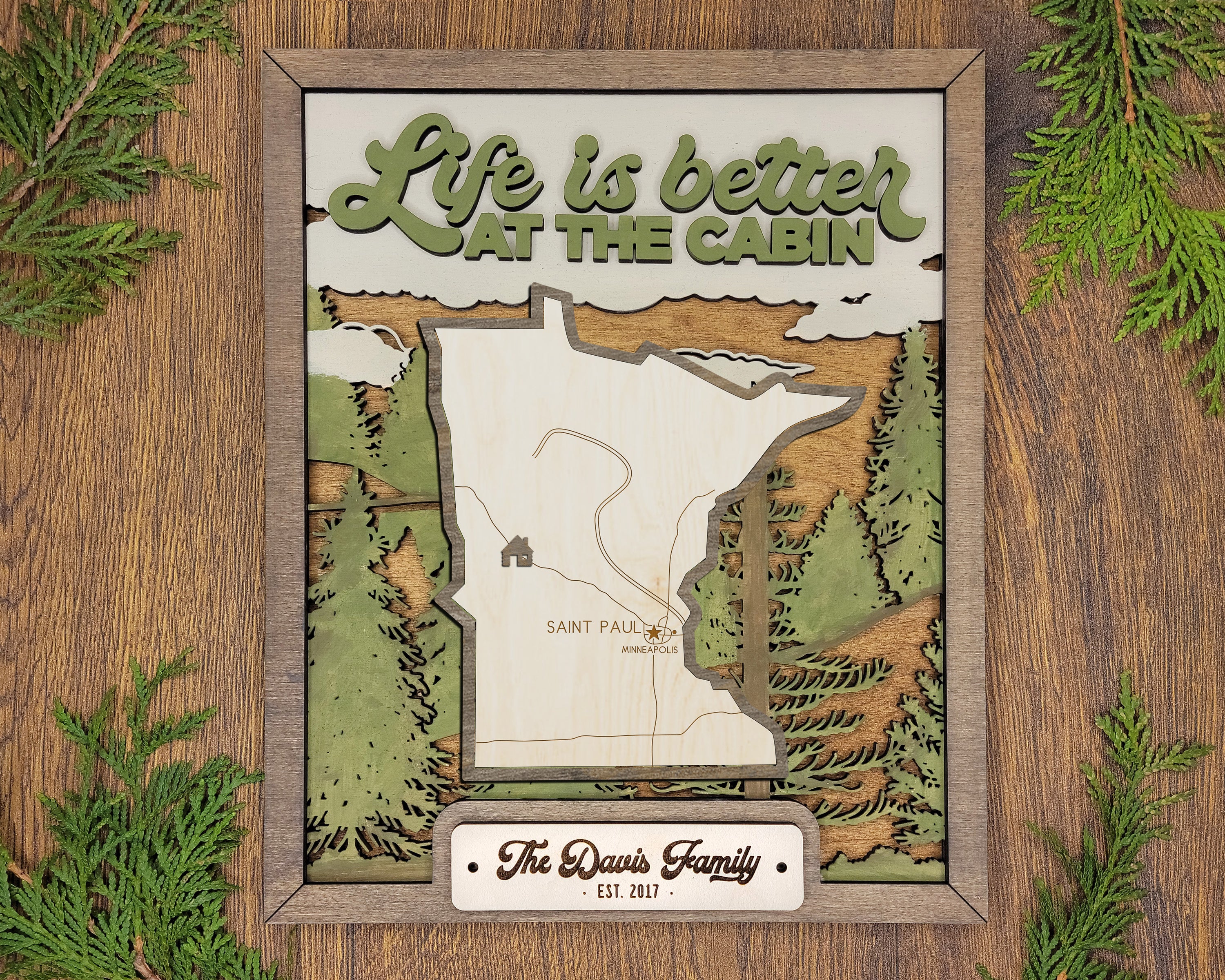 Personalized Minnesota States Wood Frame, 50 States 2 Layers Wood Plaque, Gift For Nature Lovers