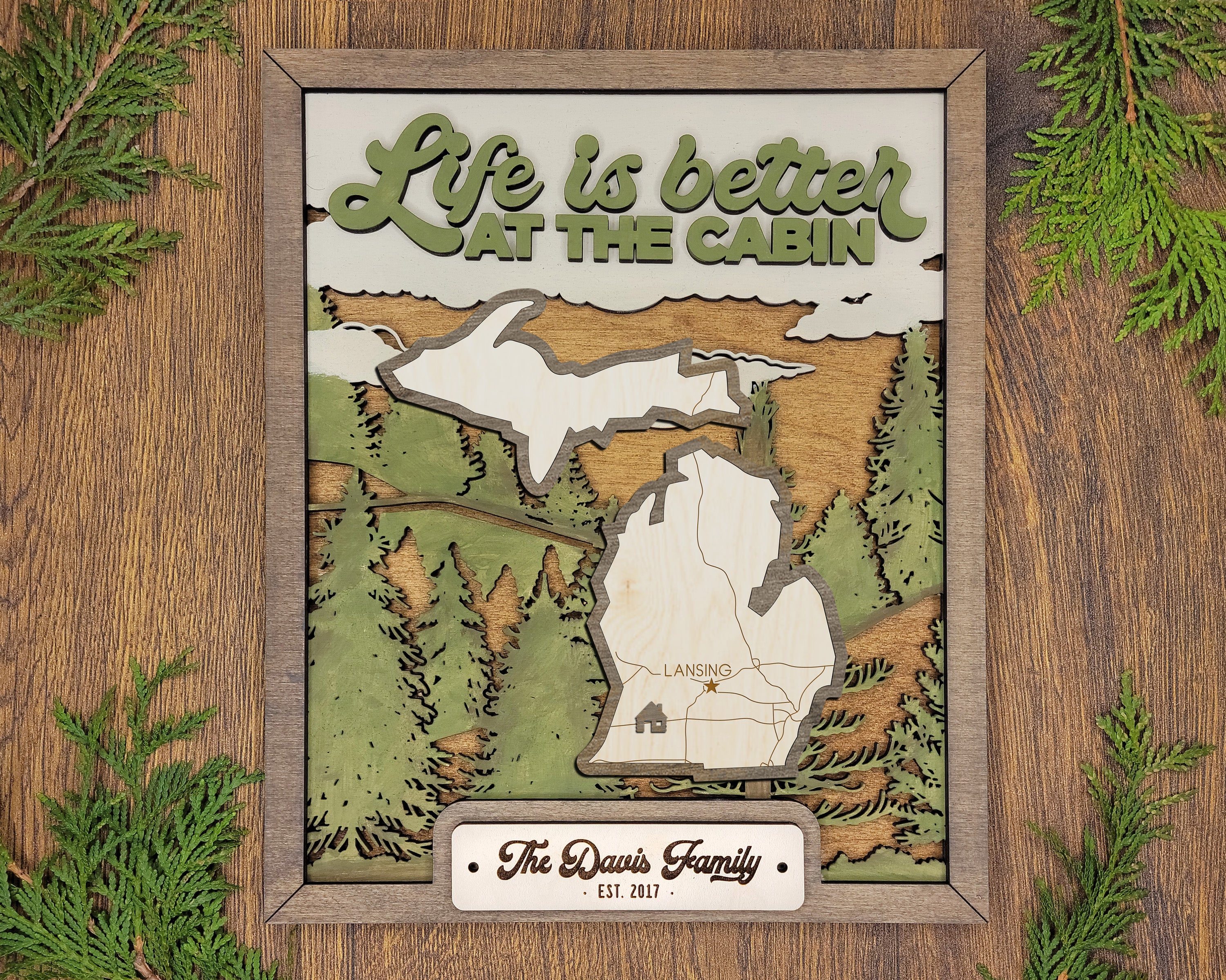 Personalized Michigan States Wood Frame, 50 States 2 Layers Wood Plaque, Gift For Nature Lovers