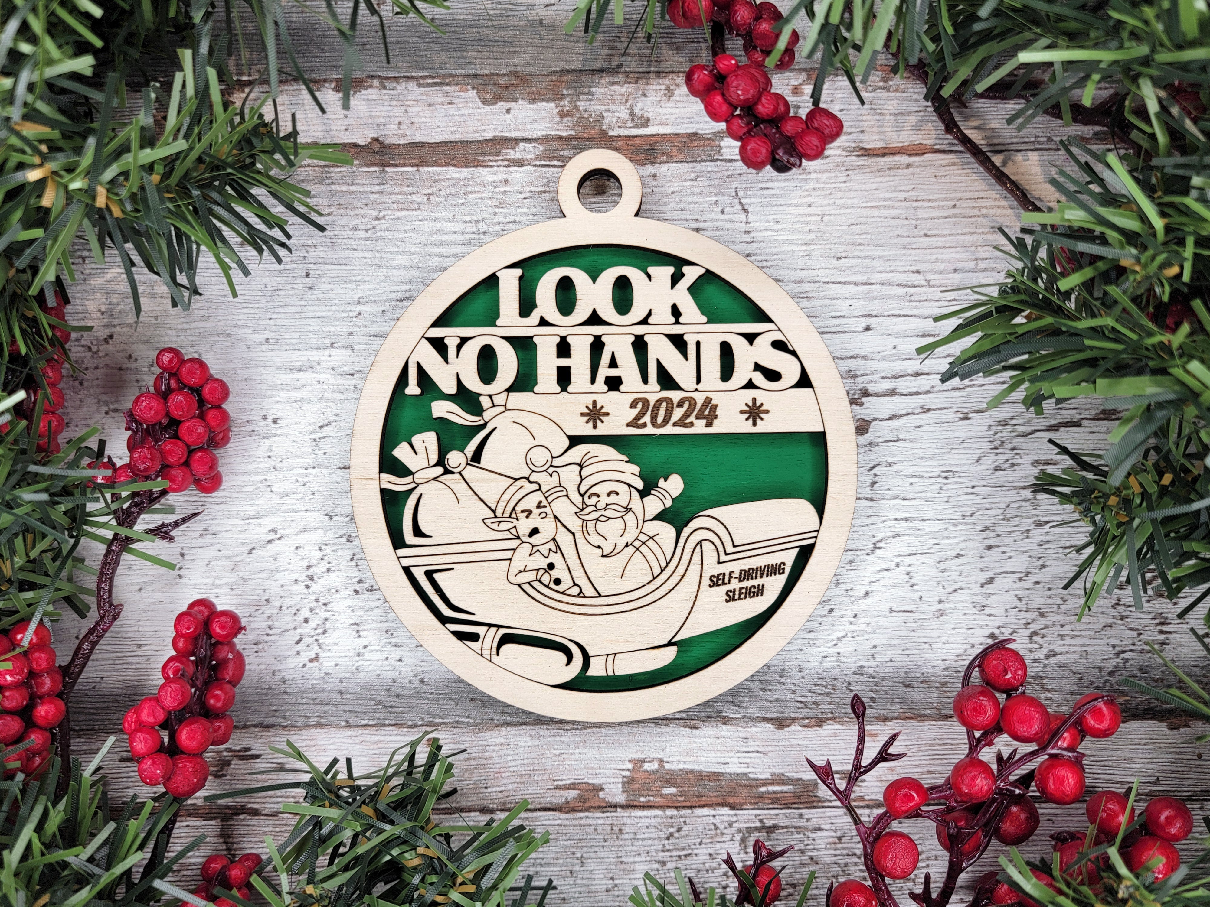 Look No Hands 2-Layer Wooden Ornament, Year In Review Ornament, Funny Christmas Ornament