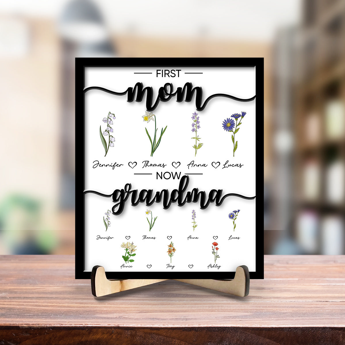 Flower Birth Month 2-Layered Wooden Plaque, First Mom Now Grandma Wood Sign, Mom Birthday Gifts