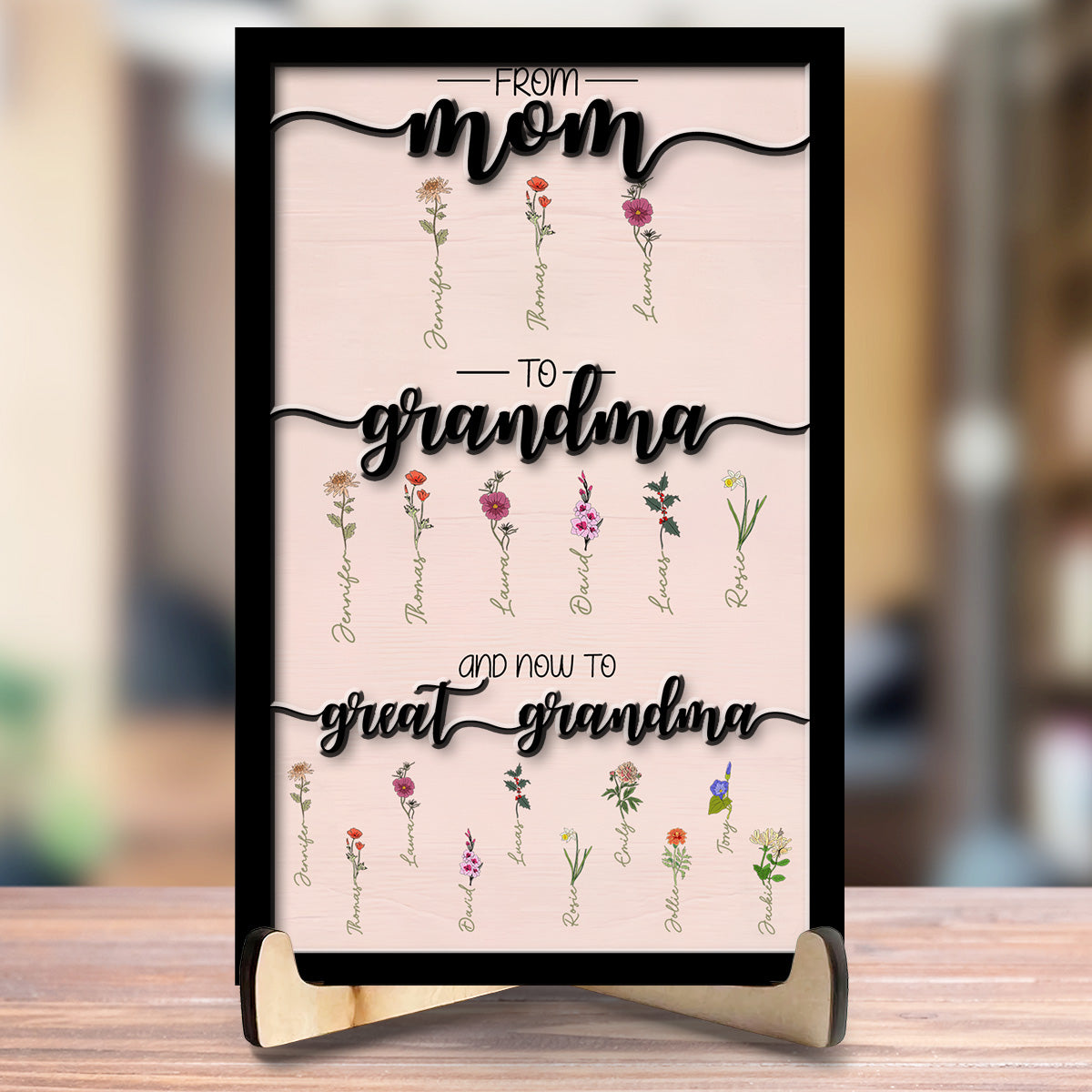 First Mom Now Grandma Wood Sign, Flower Birth Month 2-Layered Wooden Plaque, Mothers Day Presents