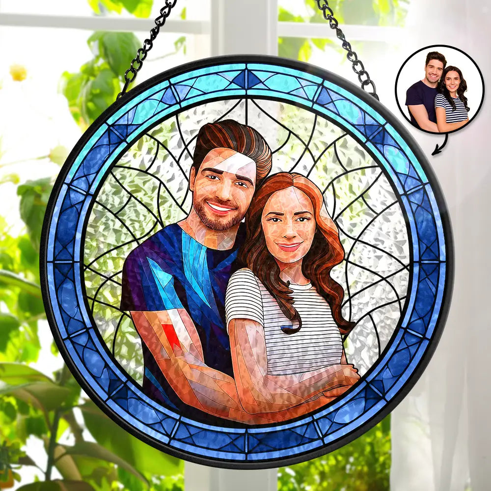 Custom Photo Portrait Couple Family Stained Glass Suncatcher, Gift For Couple