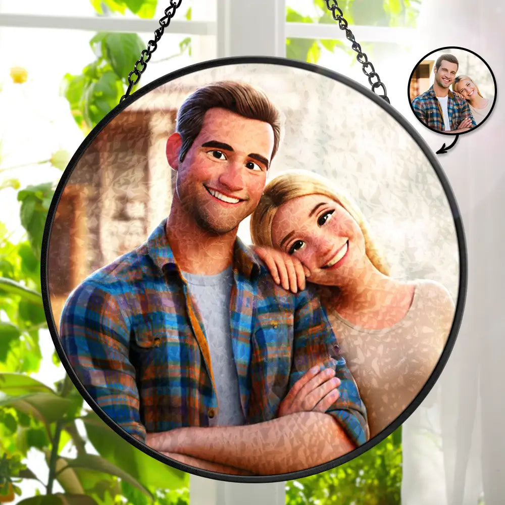 Custom Photo Cartoon Portrait Couple Stained Glass Suncatcher, Valentine Gift For Couple