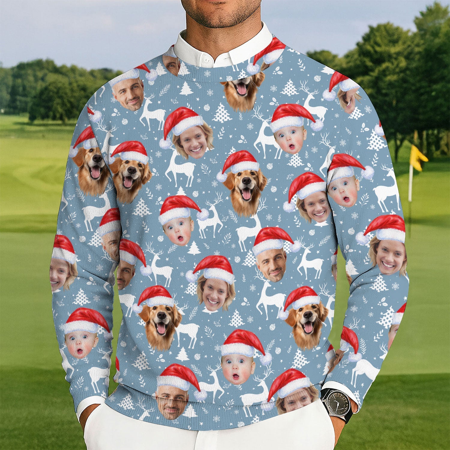 Custom Face Reindeer Pattern Ice Blue Golf Ugly Sweater, Golf Ugly Christmas Sweater, Christmas Golf Shirt