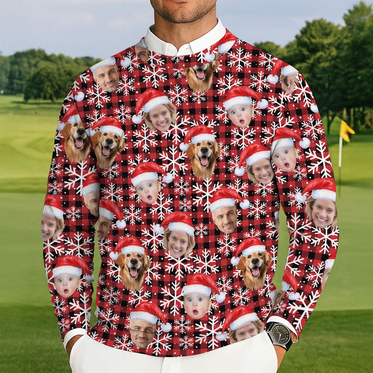 Custom Face Red And Black Checkered Golf Ugly Sweater, Golf Ugly Christmas Sweater, Christmas Golf Shirt