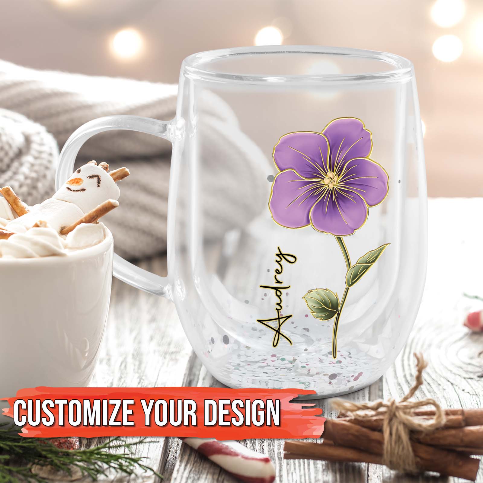 Flower Personalized Double Walled Glass Mug, Mother's Day Gift, Gift For Bestie