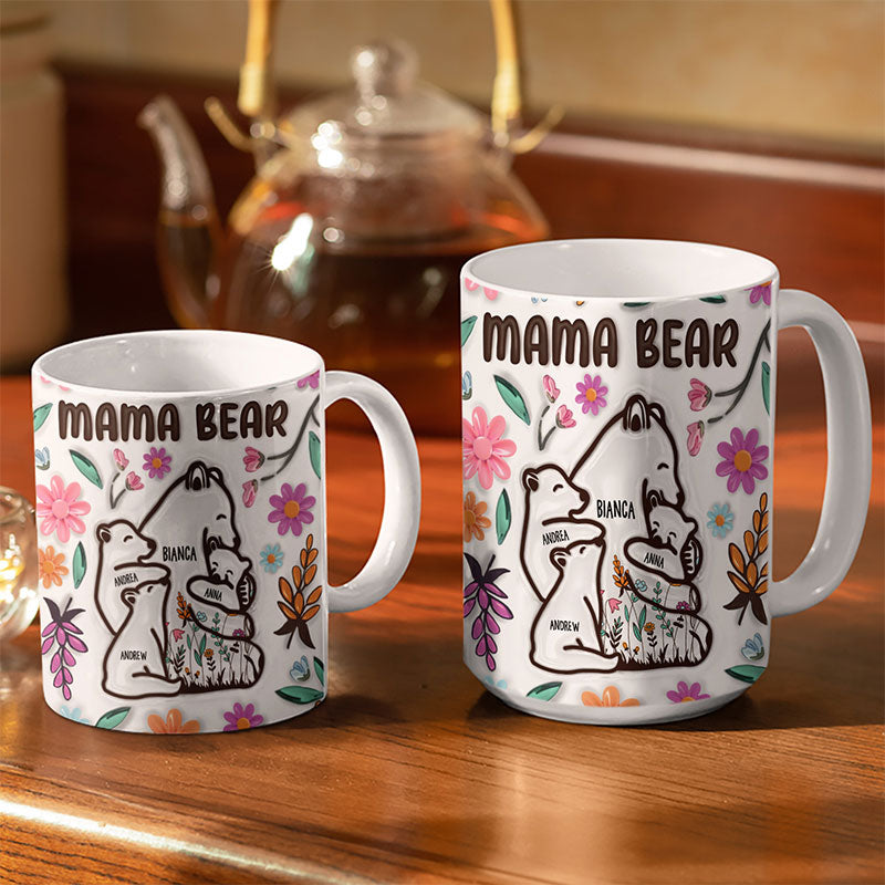 Custom Mama Bear Floral Style Mugs, 3D Inflated Effect Printed Mug, Gift For Mom, Grandma