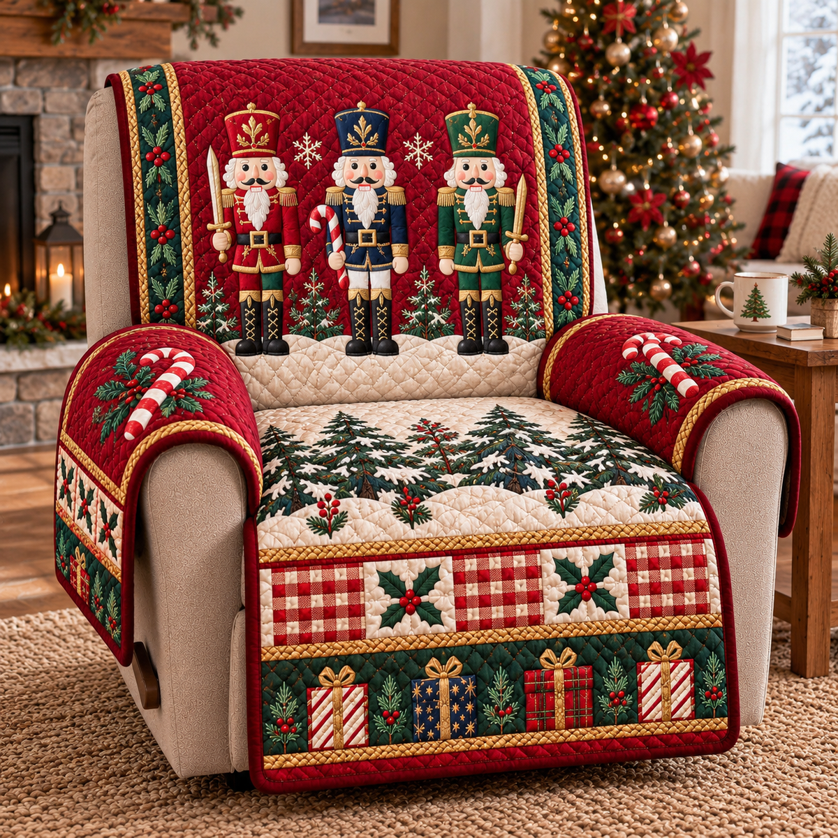 Nutcracker Wonderland Christmas Sofa Cover, Quilted Couch Cover, Festive Holiday Decor