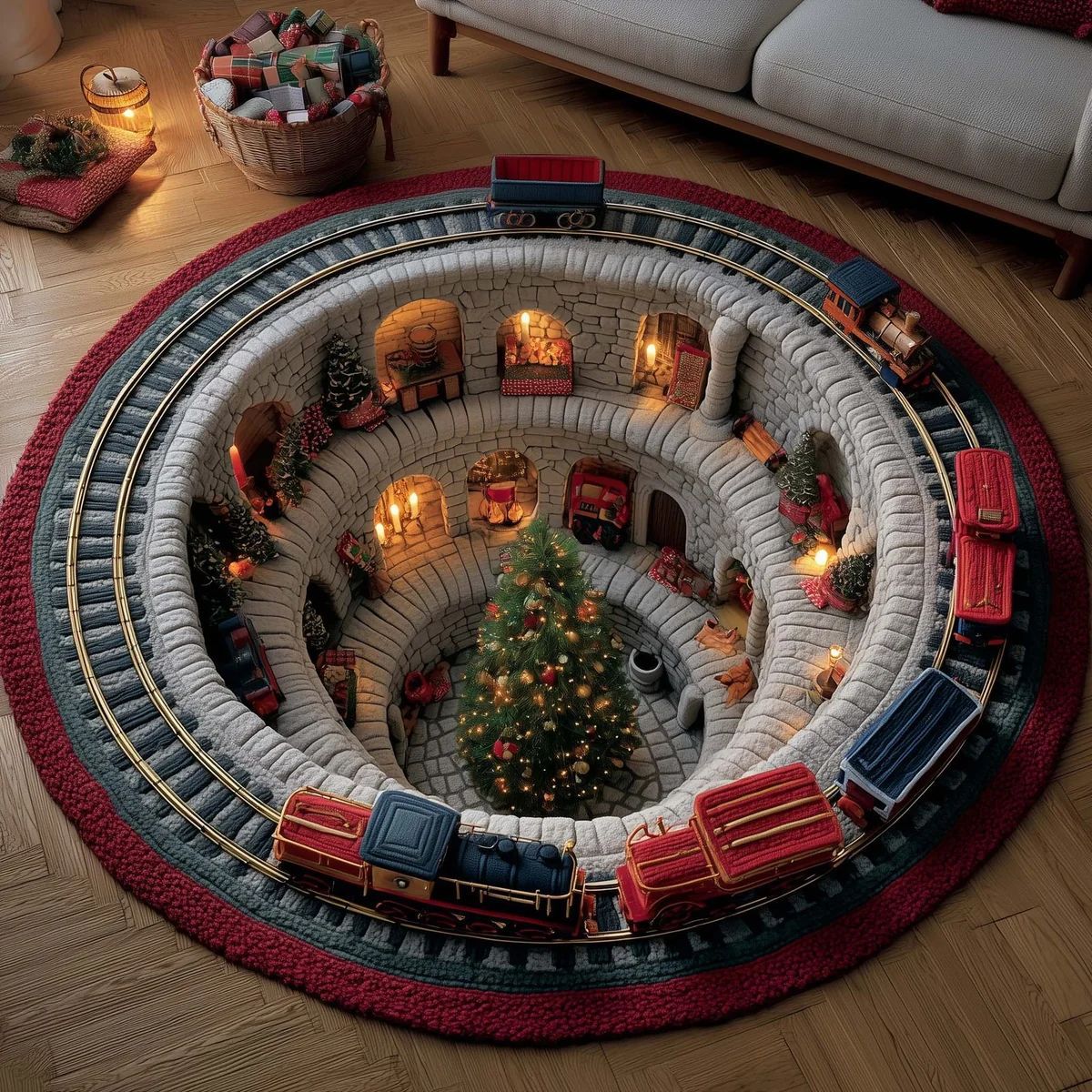 Christmas Train Village 3D Round Rug