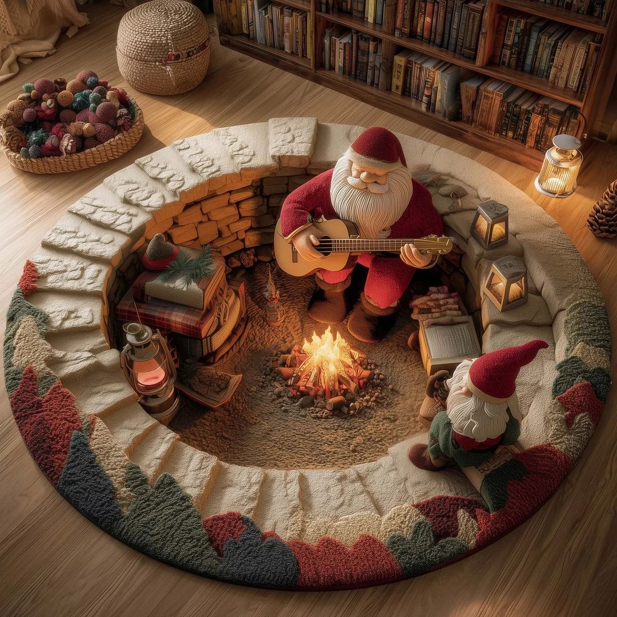 Santa Guitar Campfire 3D Christmas Round Rug