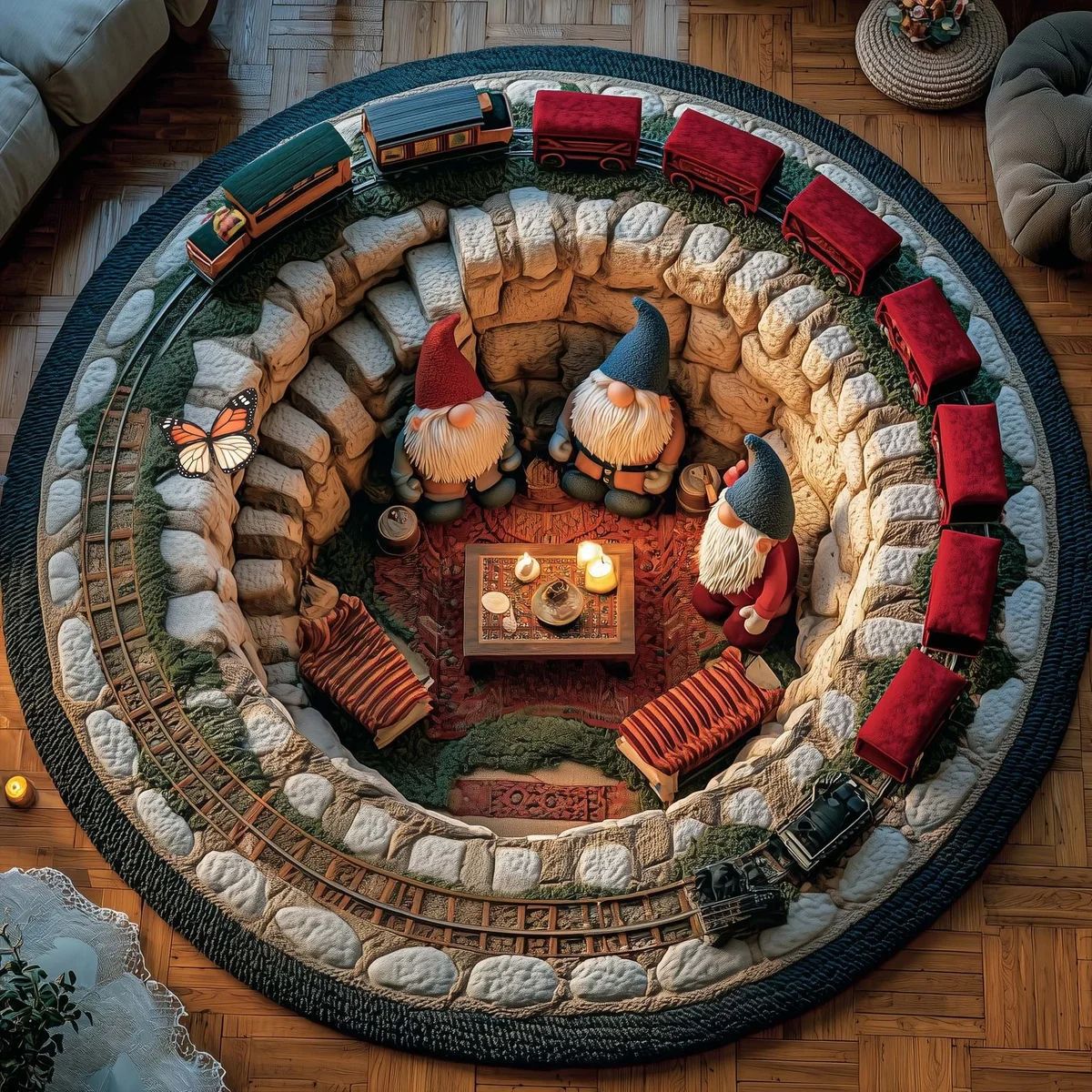 Christmas Gnome Family Train 3D Round Rug