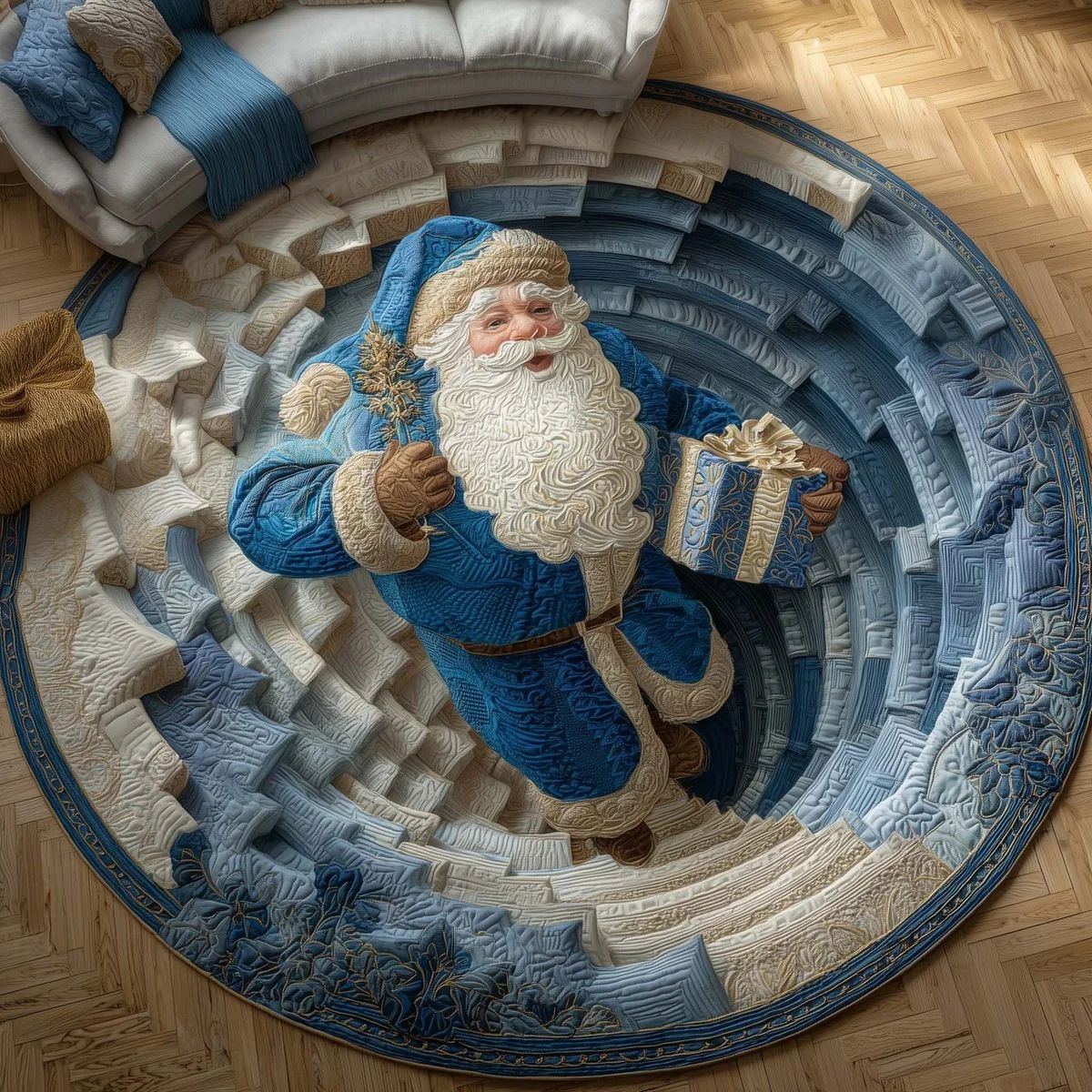 Blue Santa Spiral 3D Christmas Round Rug