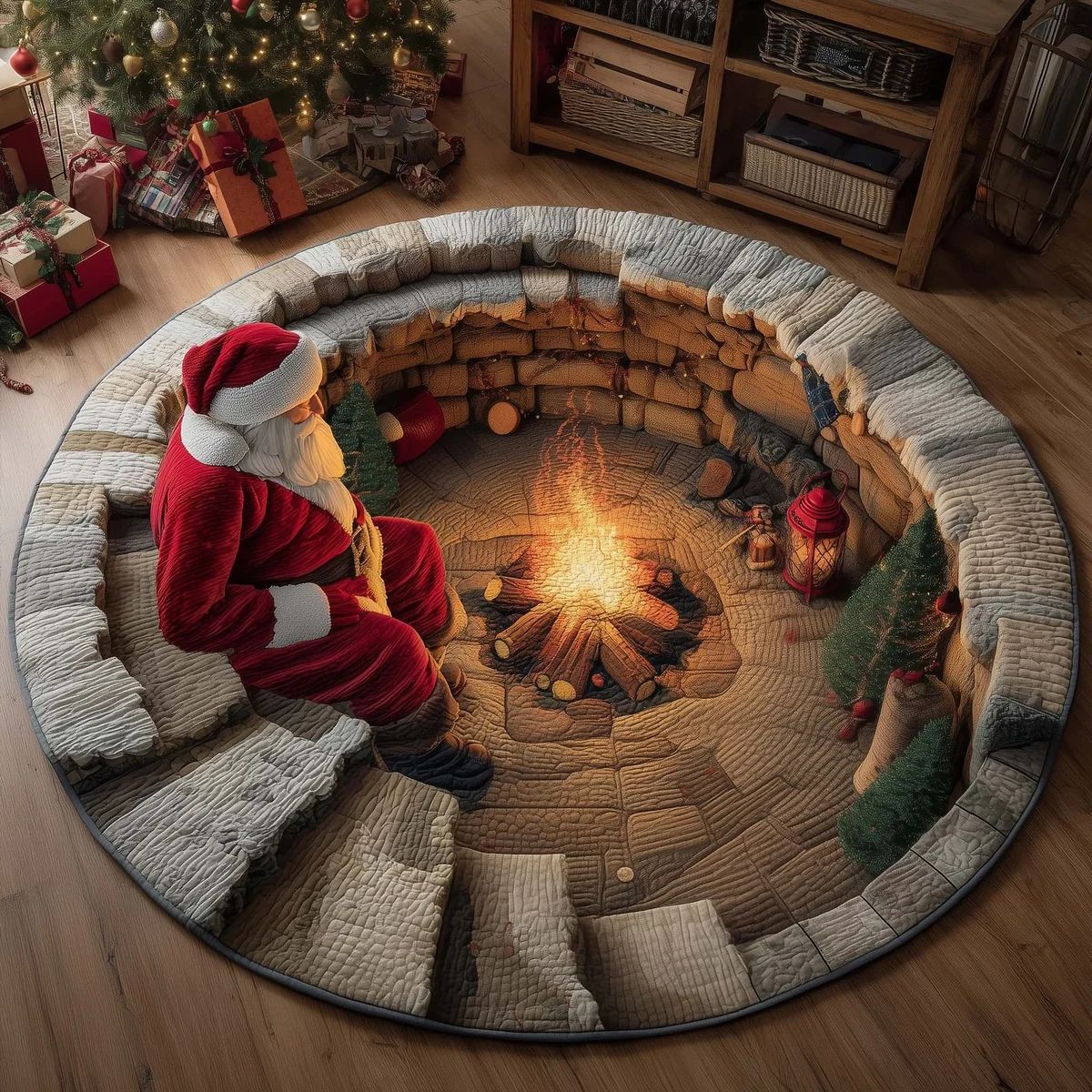 Santa Fireside Campfire 3D Christmas Round Rug