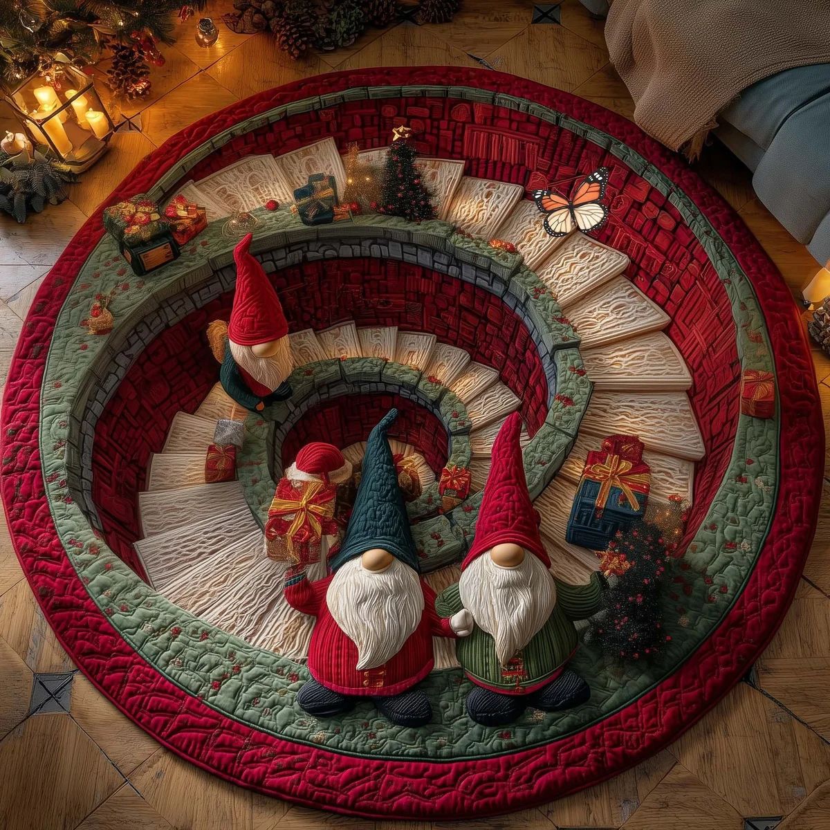 Christmas Gnomes Spiral Staircase 3D Round Rug