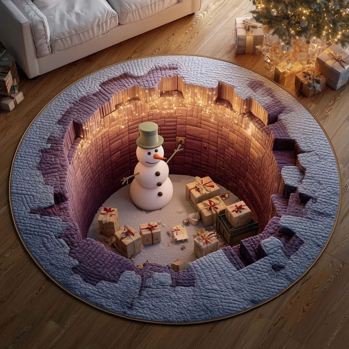 Snowman Gift Well 3D Christmas Round Rug