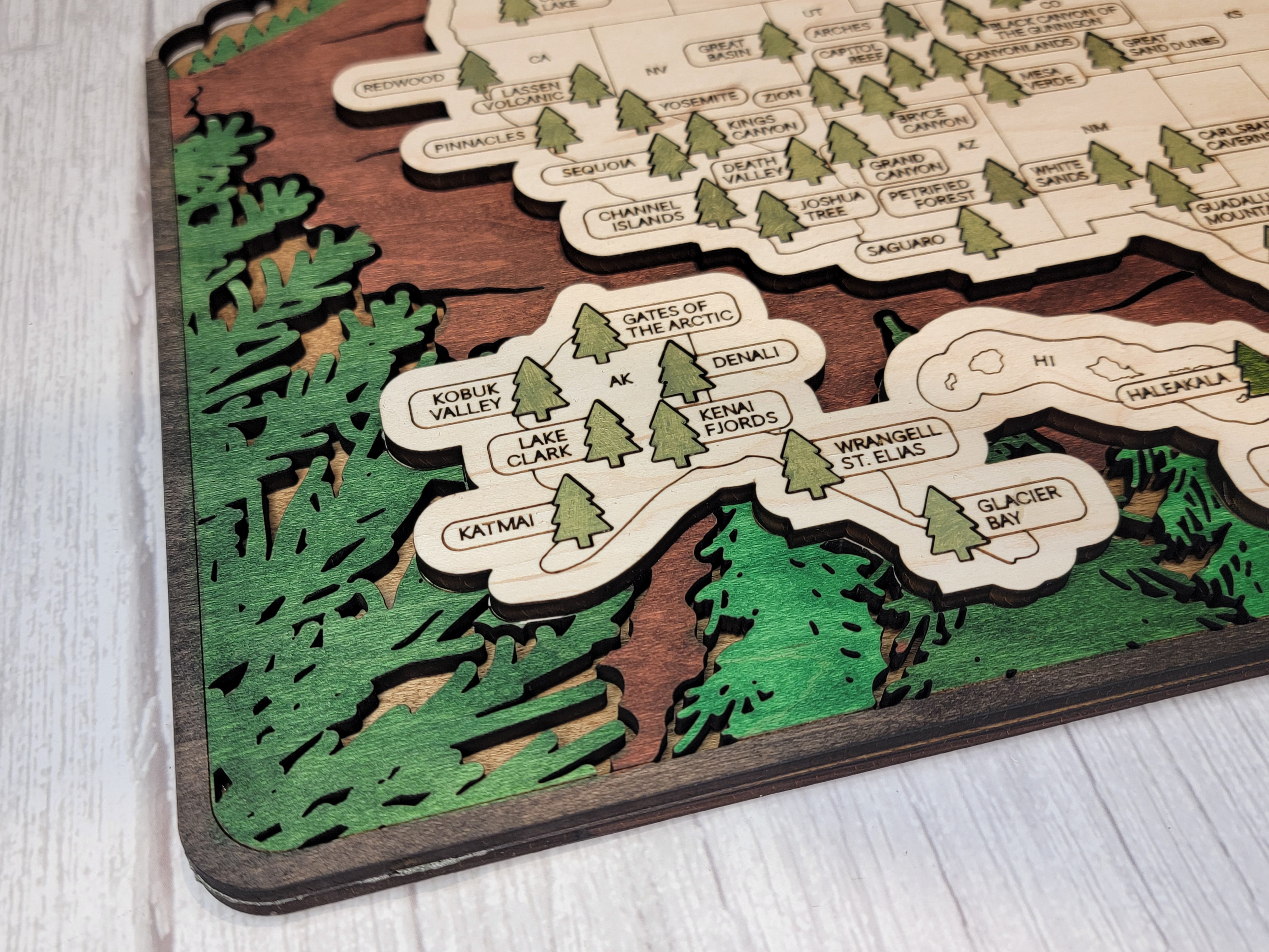 Personalized USA National Parks Travel Map With Pins, National Parks Wooden Map Tracker, Leaves Background Map