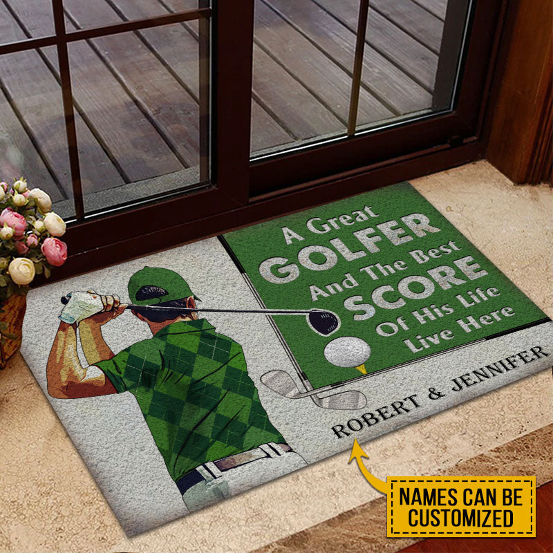 Custom Name Golfer Couple Green Doormat, Golf Home Decor, Custom Welcome Mats, Large Door Mats
