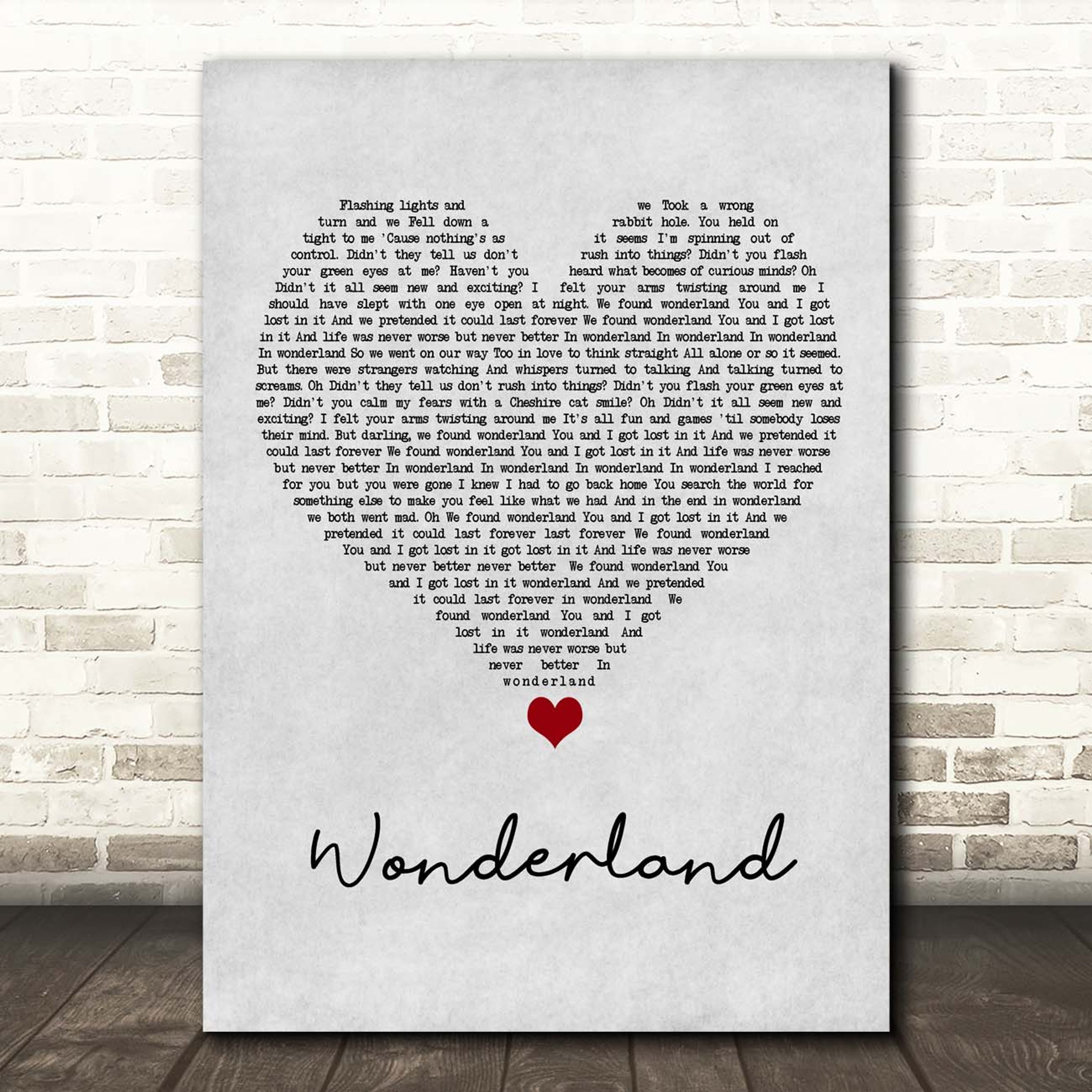 Wonderland Canvas Wall Art With Song Lyrics, Grey Heart Song Lyric Music Canvas, Gift For Swifties