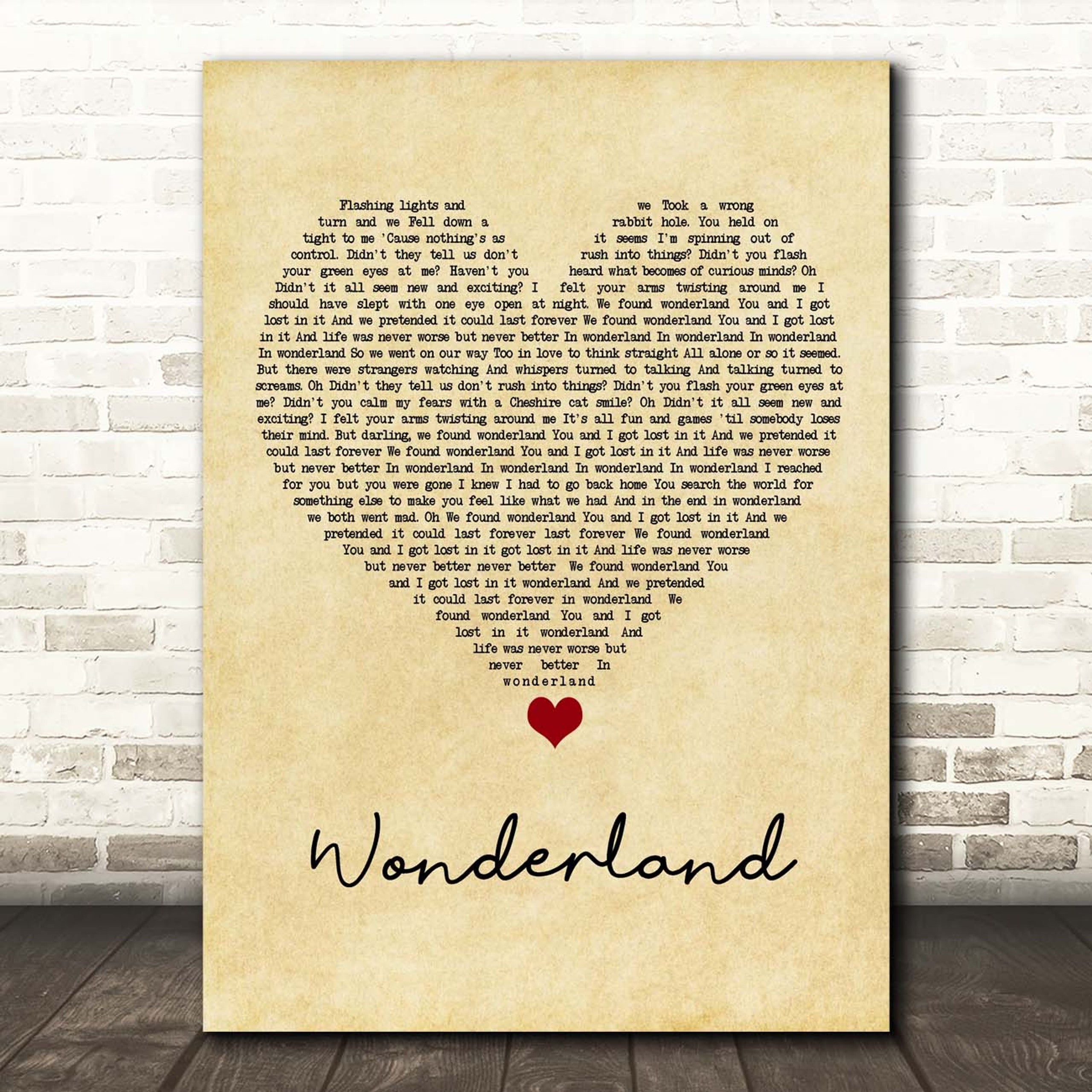 Wonderland Canvas Wall Art With Song Lyrics, Vintage Heart Song Lyric Music Canvas, Gift For Swifties