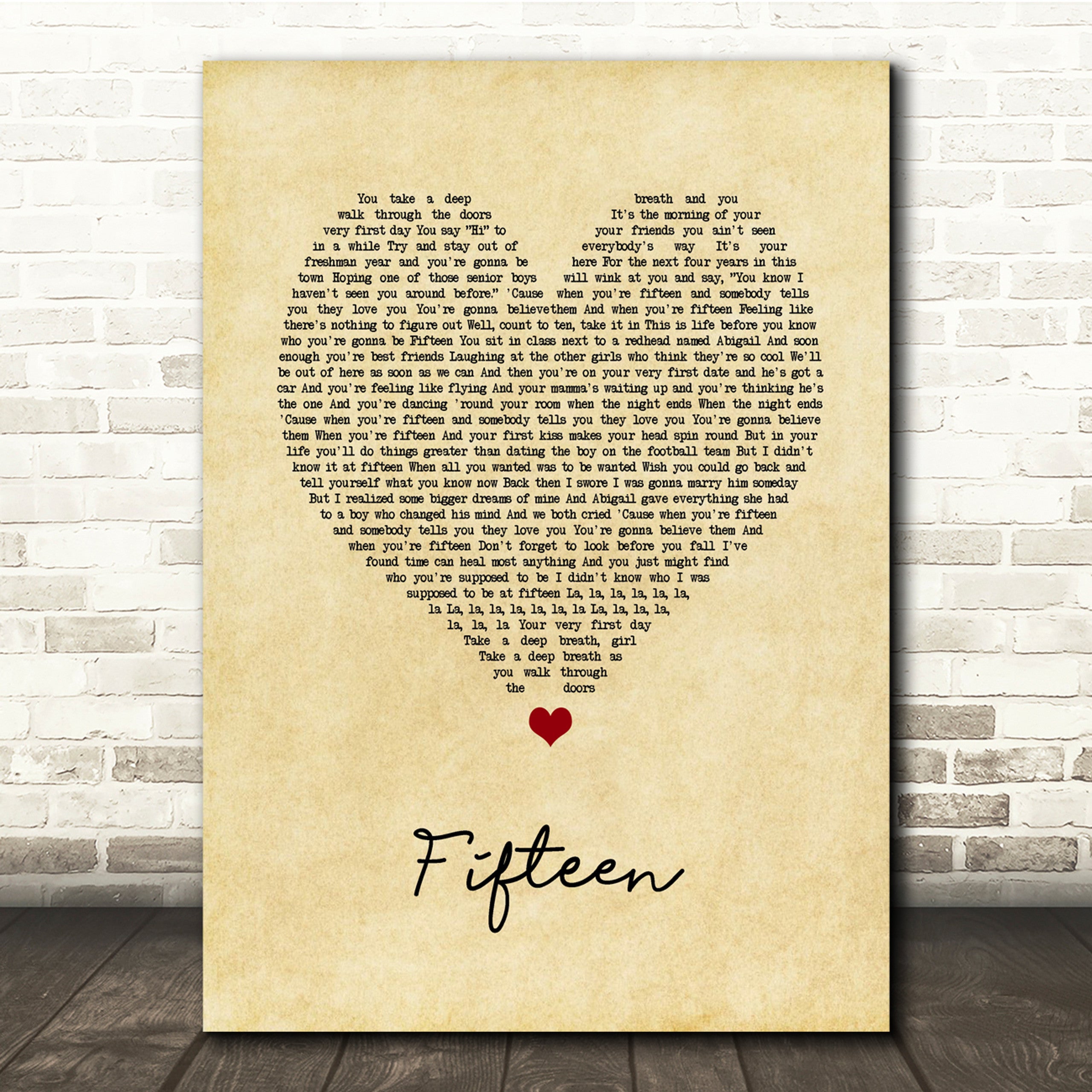 Fifteen Canvas Wall Art With Song Lyrics, Vintage Heart Song Lyric Music Canvas, Gift For Swifties