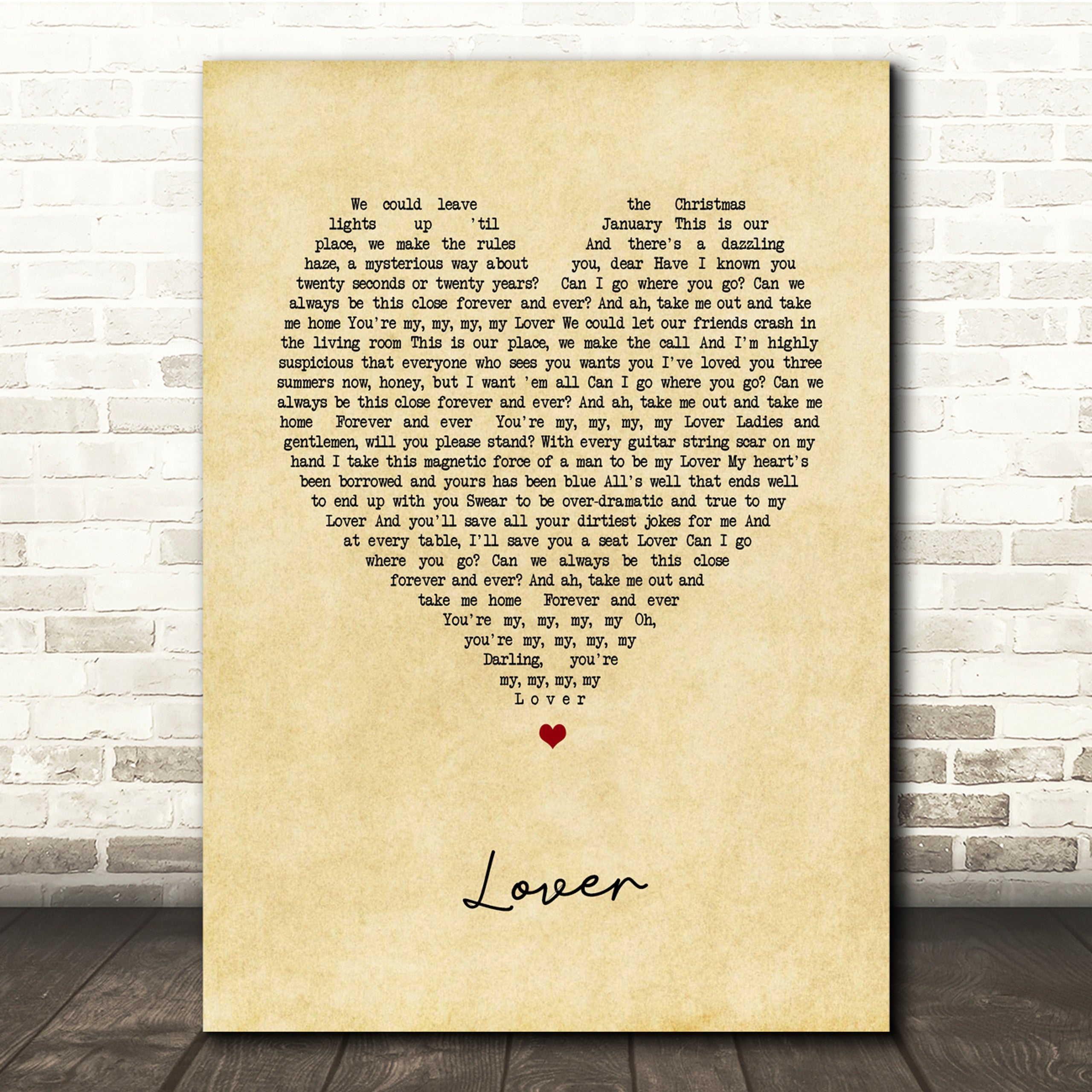 Lover Canvas Wall Art With Song Lyrics, Vintage Heart Song Lyric Music Canvas, Gift For Swifties