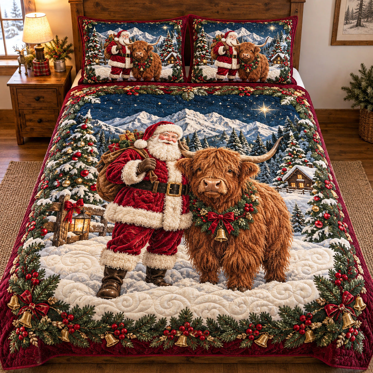 Santa And Highland Cow Christmas Quilted Bedding Set